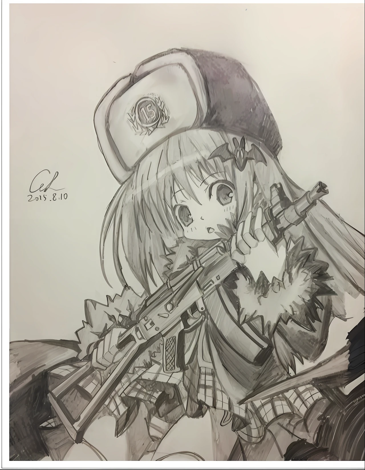 Painting of a girl with a gun and a hat, monochrome artwork!!, author:Yuki Ogura, Anime Paintings, anime sketch, an anime drawing, Anime style artwork, Line sketch!!, japanese anime artist drawn, anime style drawing, with rifle, Anime style illustration, anime style art, author:Yasutomo Oka, infantry girls, author:Rei Kamoi, anime illustration