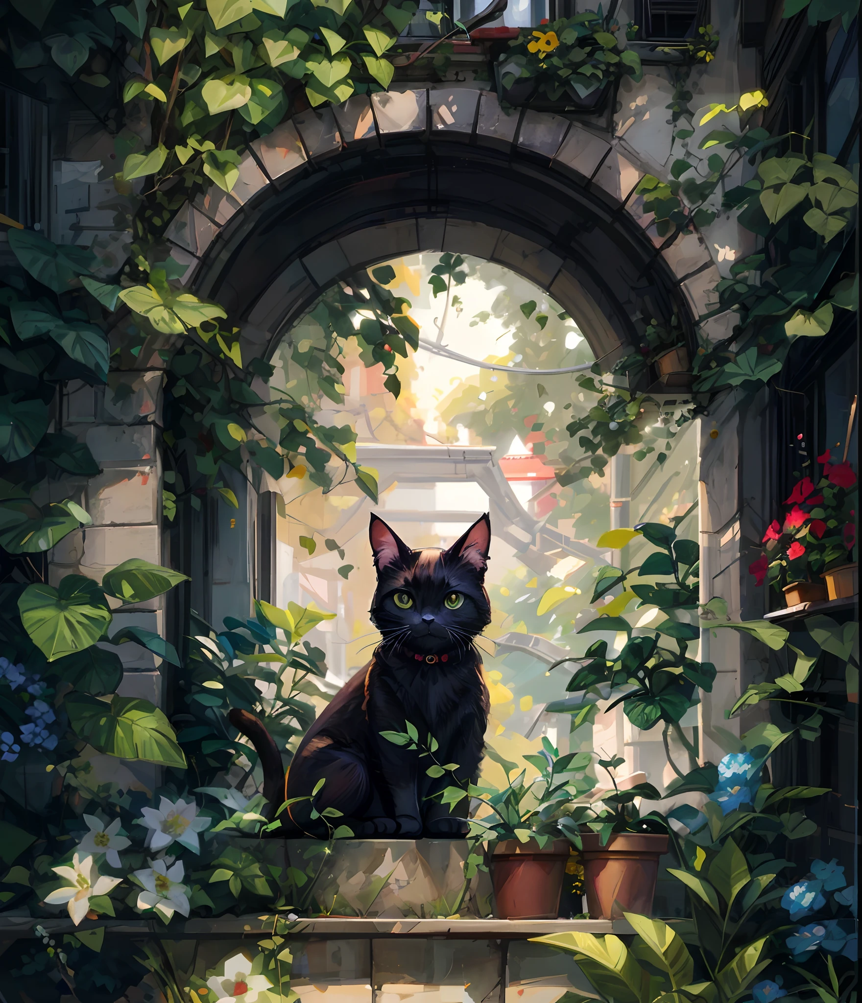 there is a black cat sitting on a ledge in a window, cats and plants, by Yang J, adorable digital painting, high quality portrait, by Jason Chan, highly detailed digital painting, 🌺 cgsociety, by Shitao, digital painting highly detailed, cute detailed digital art, overdetailed art, loish and wlop, alexey egorov