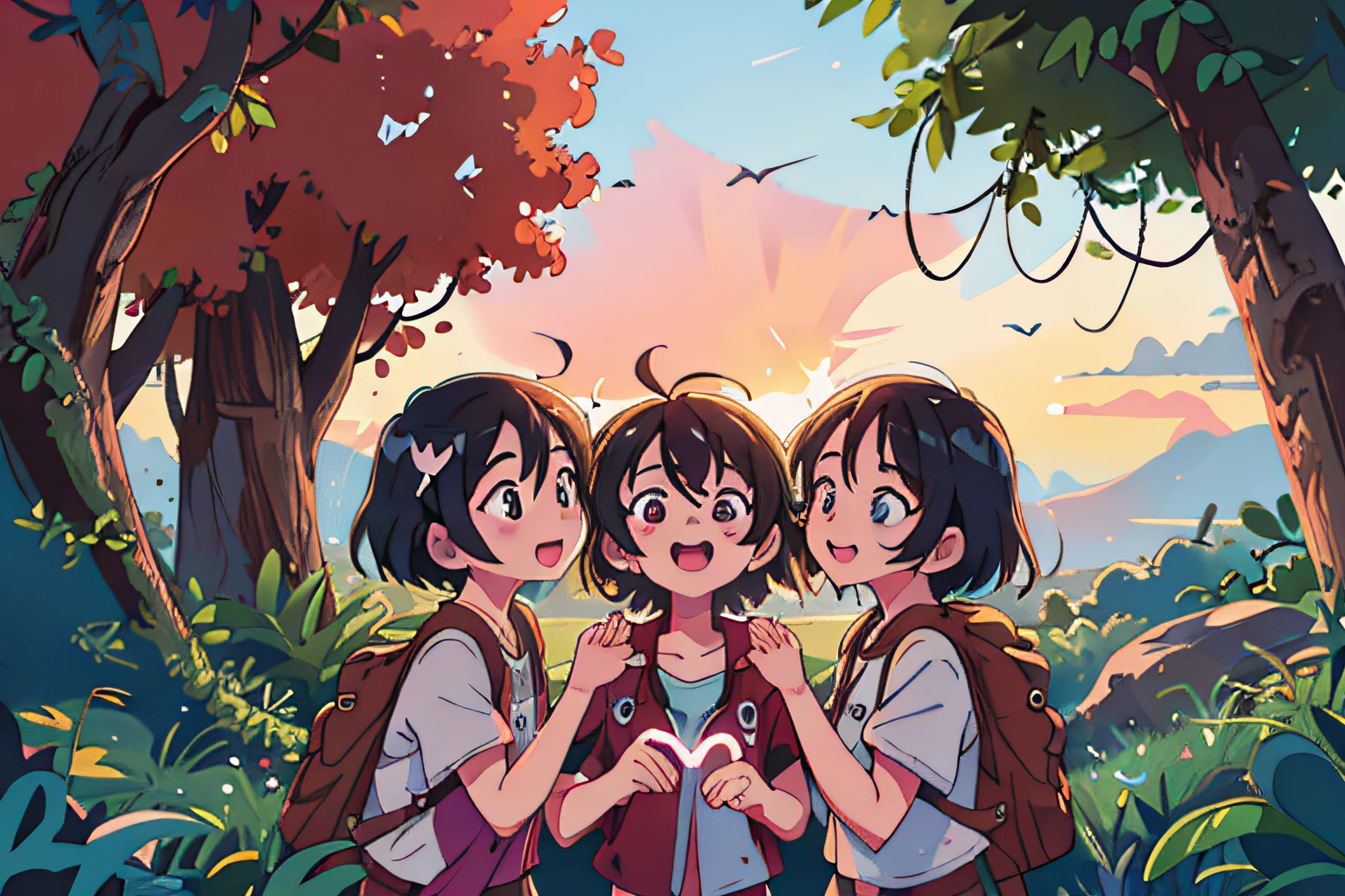 The 3 friends said goodbye with a colorful sunset. They promised to always remember the amazing adventure we had together. They returned home with hearts full of joy and stories to tell.