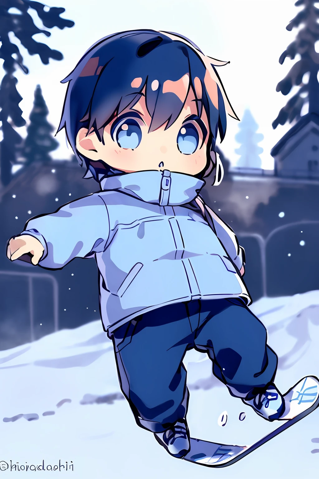 masterpiece, top-quality, Chibi,1boy(((Blue-eyed boy))), cheng,brown haired,shorth hair, Ski resort on a sunny day、snow board、(((Chasing the person in front of you on a snowboard)))(((Glide facing forward)))、Chibi,1boy((Holding a disposable cup in your hand))