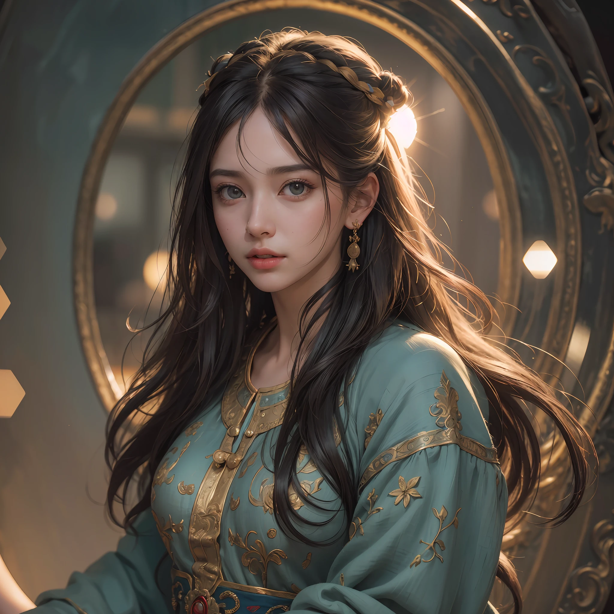 (RAW photo, best quality), (realistic, photo-realistic:1.3),best quality,highly detailed,masterpiece,ultra-detailed,illustration,1girl,upper_body,dynamic angle,world masterpiece theater,messy_long_hair,best quality,extremely detailed CG unity 8k wallpaper,ink,Amazing,cinematic lighting,lens_flare,,dunhuang_style