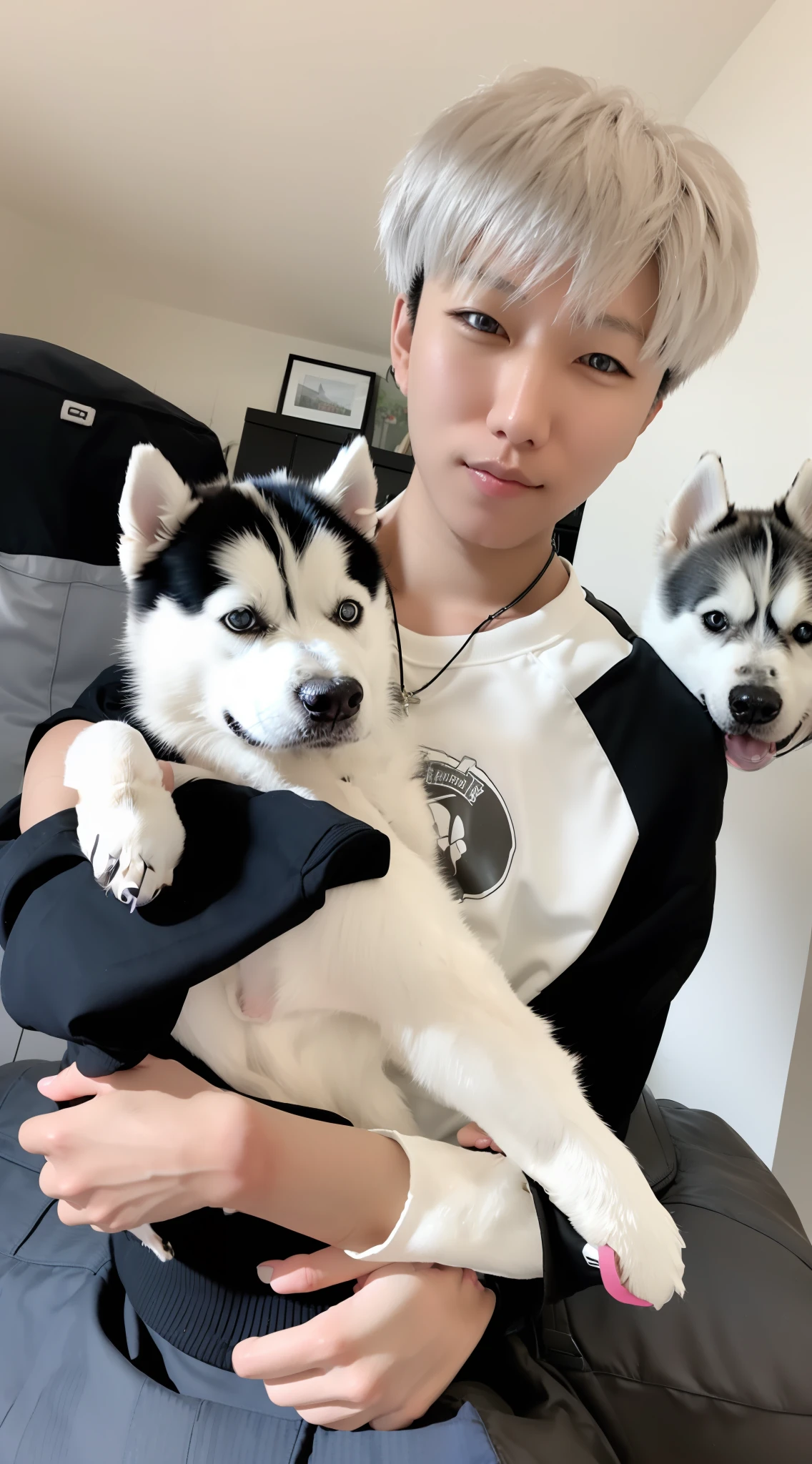 1 boy holding a husky,8K,Realistis,tmasterpiece,solo person,hyper-high detail,Short gray fluffy hair,Reallightandshadow,Environmental masking,