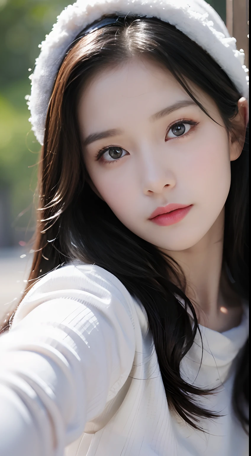 Best Quality, masutepiece, Ultra High Resolution, (Realistic: 1.4), Original photo, Head Photo, Snow White skin, Simple background, detail, Selfie, 1 girl, Looking at the viewer,