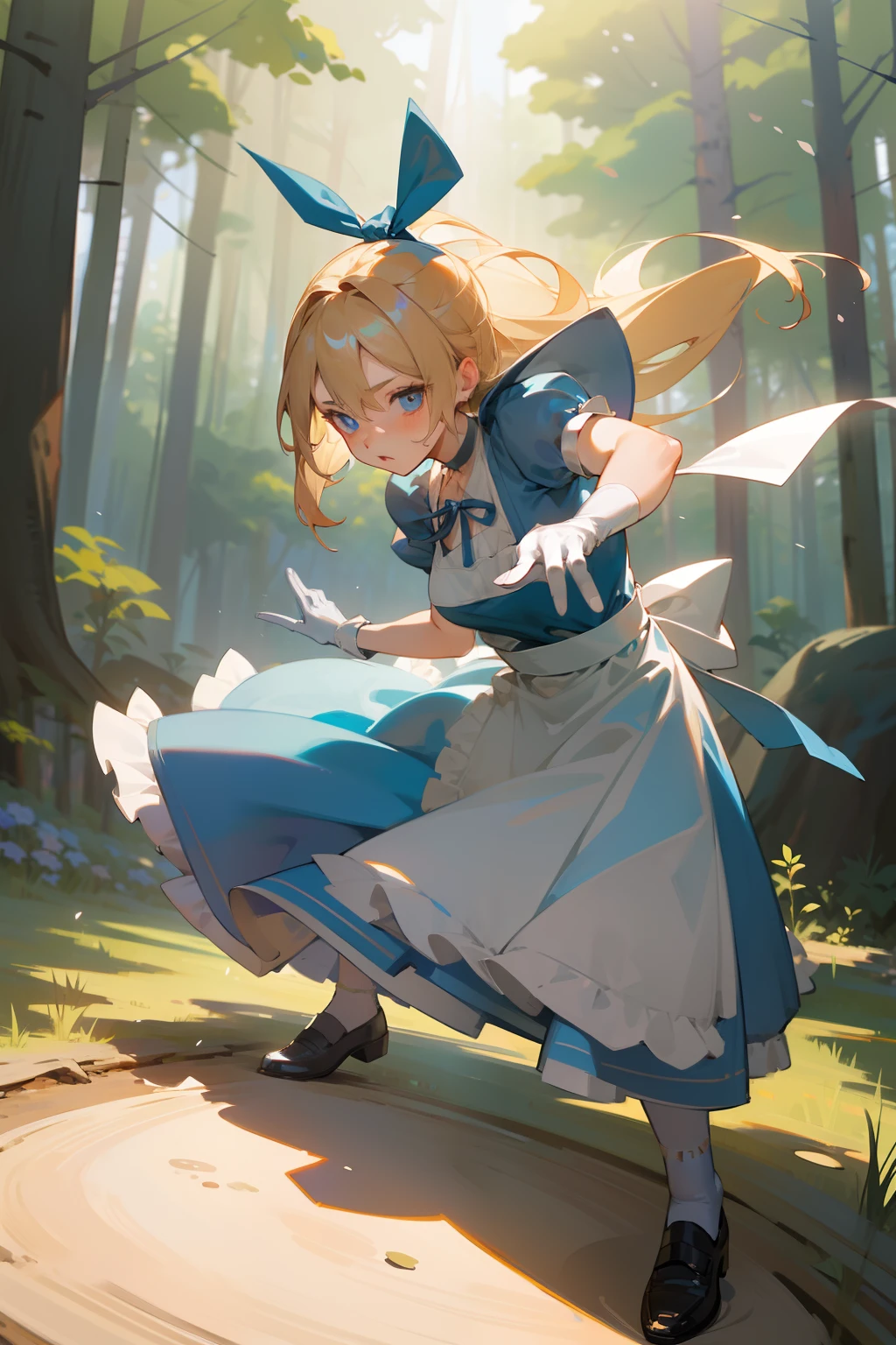 a girl, Clear face, semi long, blonde, blue eyes, radiant eyes, big eyes, big hair ribbon, blue dress with white apron, cute, beautiful, fantasy, light atmosphere, mystical atmosphere, in a bright and colorful world, anime, hard-edged, best quality, insanely detailed, exquisite, beautiful, Full-HD, 16K, highres, aiming at viewer, sunlight, dramatic lighting, best light, dynamic lighting, Dynamic Action Poses for Battle Scenes, Fighting stance, in the classic forest, Fluttering playing cards, Alice in the wonderland, 