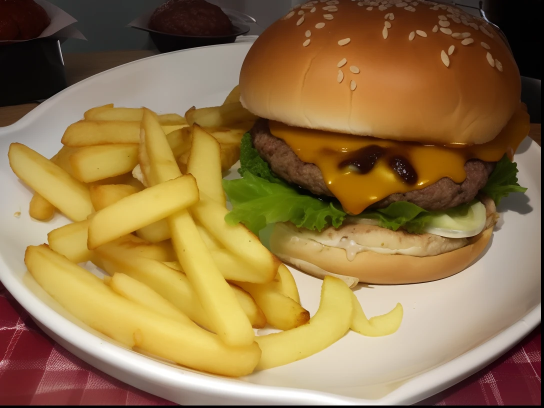 Araffe burger and fries on a plate on a table, burger, cheeseburguer, big juicy burger, burger on a plate, Directed by: Tom Wänerstrand, com batatas fritas, burger, hamburgers, burger with a mouth, por Romain brook, Directed by: Daniel Lieske, imagem de comida super realista, Directed by: Martin Benka, Comida de jantar, burger with human eyes