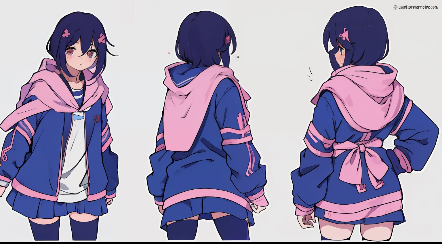 Chica anime, Cabello rosado corto, sudadera con capucha rosa, falda azul, Legwear negro, gargantilla, llanto, acostado en el suelo, multiple views