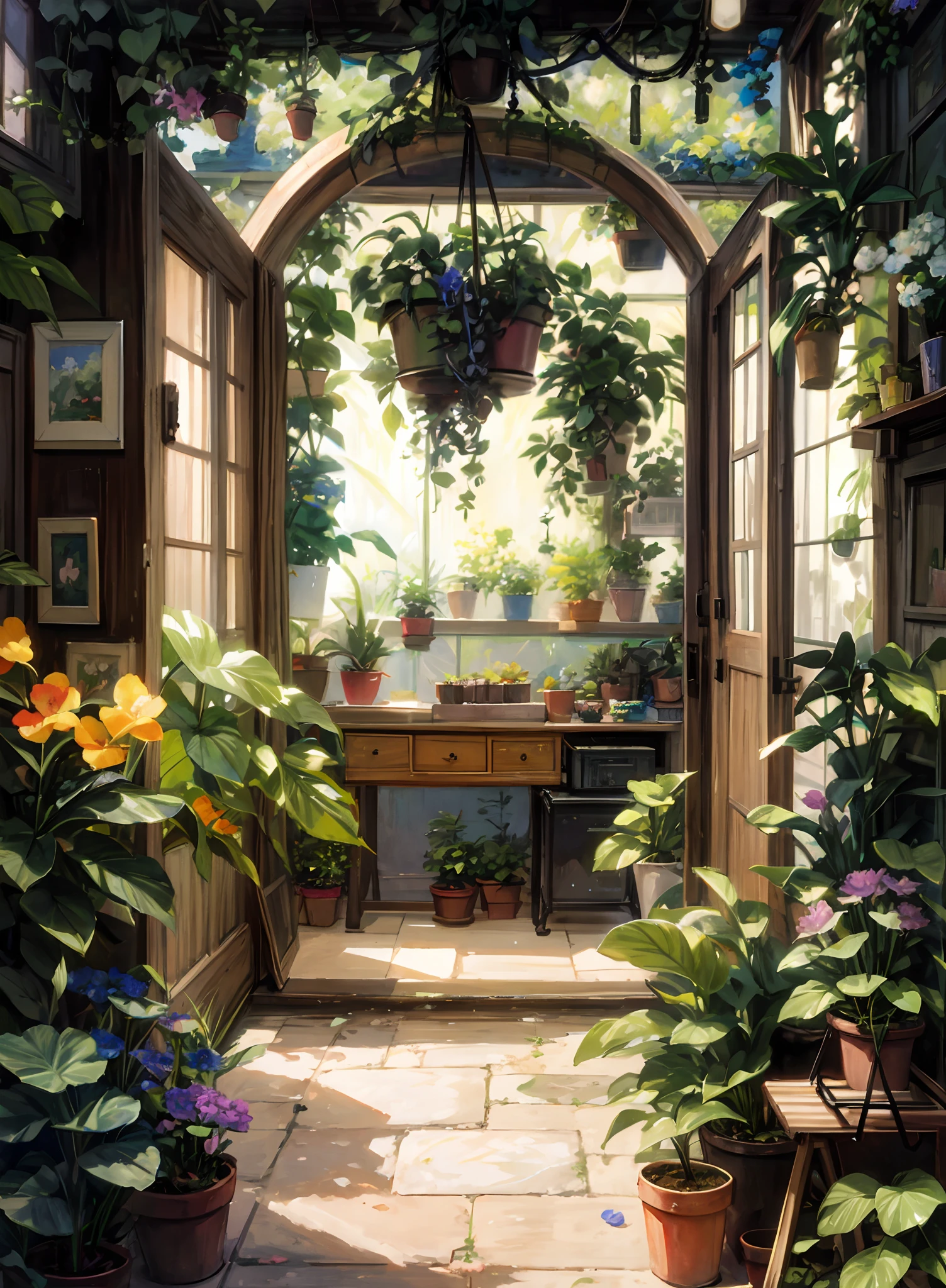 there is a painting of a garden with potted plants, anime background art, floral environment, background art, interior background art, painted in anime painter studio, in bloom greenhouse, room full of plants, anime background, lots of plants and flowers, made with anime painter studio, by Yang J, detailed scenery —width 672, greenhouse, beautiful anime scene