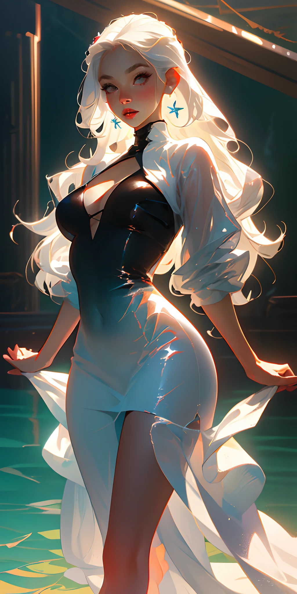 hair ornament, luxury, white hair, black eyes, parted lips, sunlight, porcelain skin, tight dress, sexy pose, one girl