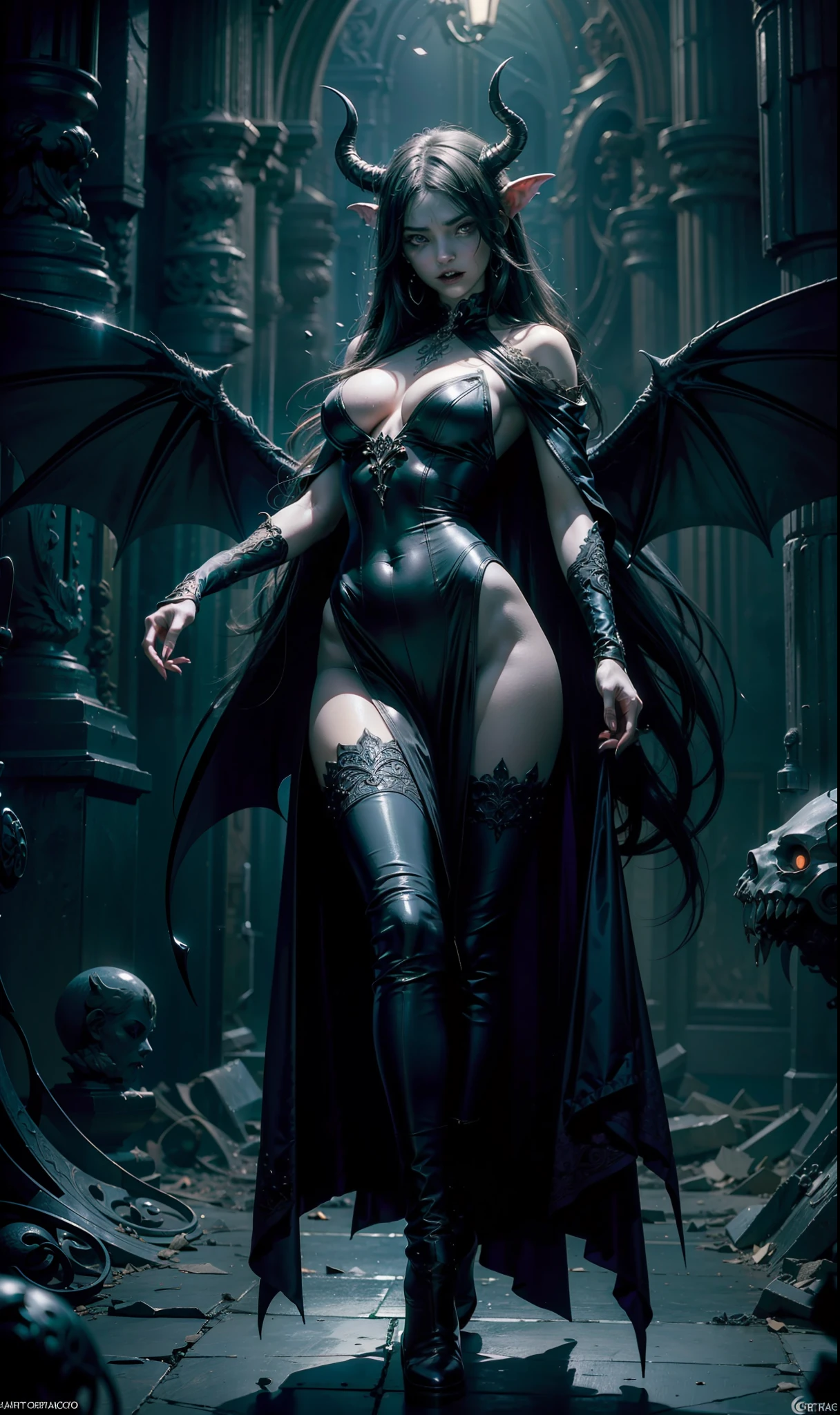 Beautiful full body portrait of perfect ((demonic Succubus)), slender body, big heavy breasts, shapeless long hair, tiny horns, (wearing revealing gothic dress), perfect features, abstract beauty, near perfection, pure form, dynamic pose, ethereal demonic background, (deep dark shadows), (strong cinematic lighting), ((rim lighting)), concept art by Greg Rutkowski and John William Waterhouse and Alphonse Mucha, stunning details, intricate details, 8k post-production, High resolution, super details, trending on ArtStation, sharp focus, depth of field f/1.8, studio photo.
