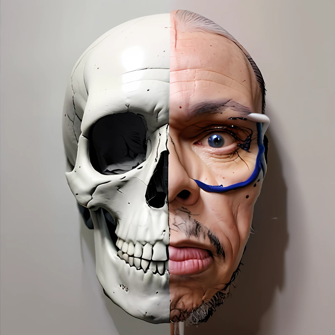 guttonerdvision10, There is a man and a skull mask, metade rosto humano, Biological human face, face anatomicamente precisa, half skull half face, half skull face, skull protruding from face, meio humano, Rosto realista e anatomia, skeleton face symmetrical face, rosto humano real, rosto humano real com pele, Autorretrato de IA, rostos humanos reais