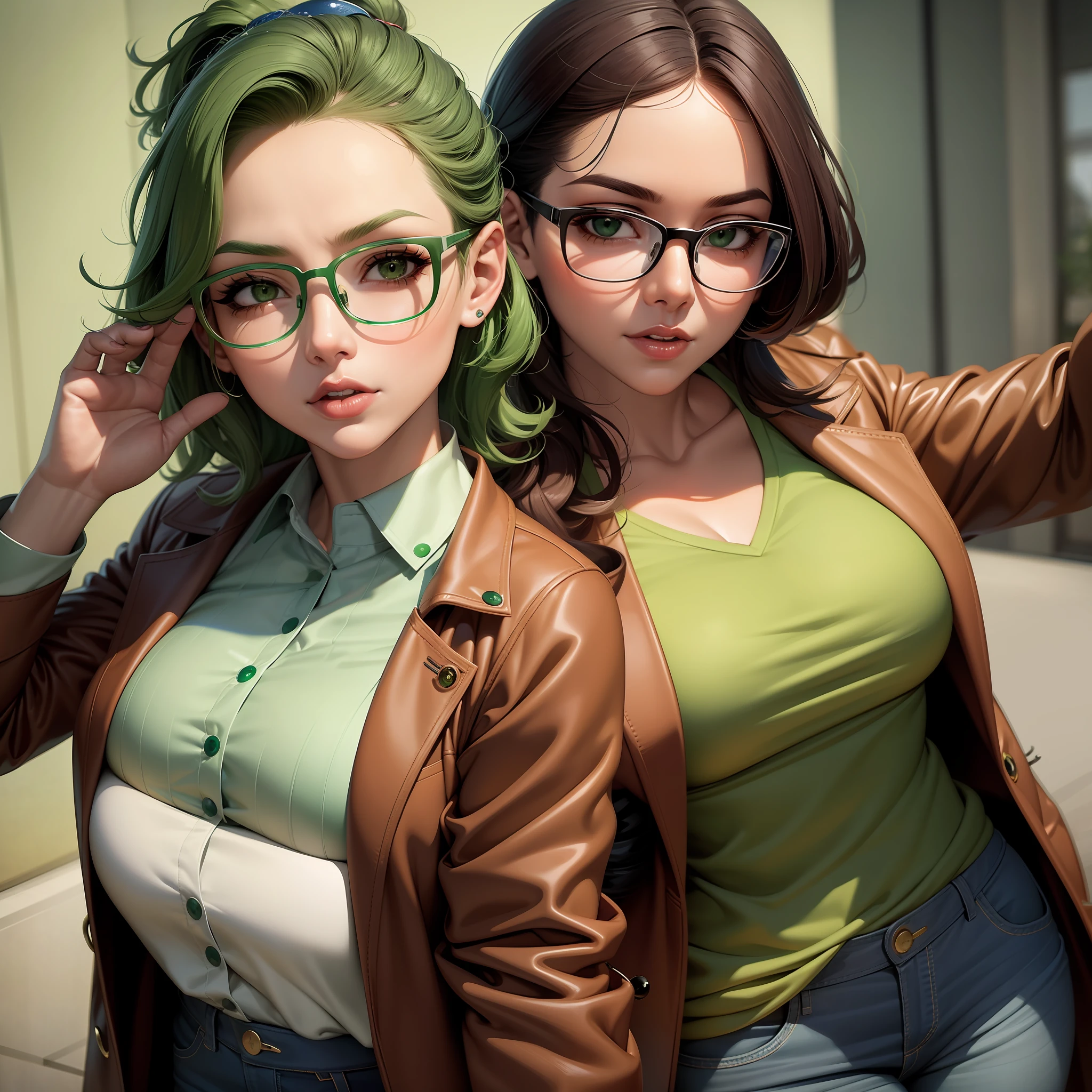 two women with green hair and glasses posing for a picture, artgerm and lois van baarle, range murata and artgerm, in the style artgerm, artgerm and genzoman, style artgerm, style ivan talavera and artgerm, in style of artgerm, artgerm style