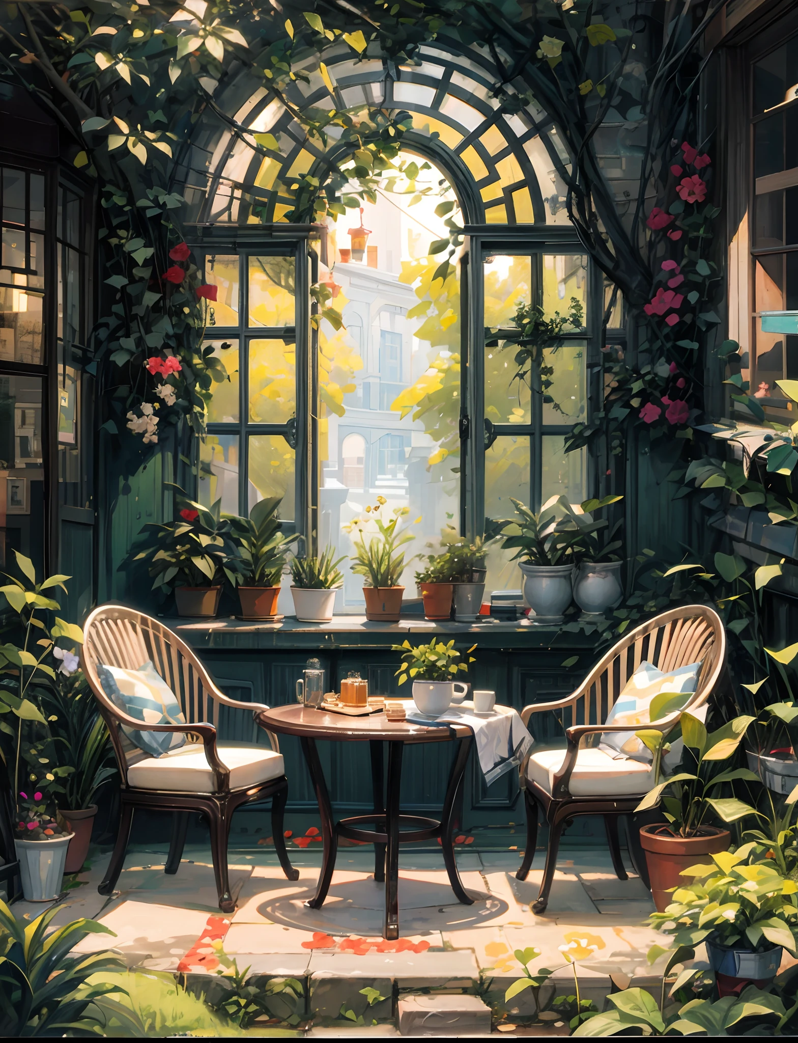 there is a painting of a table and chairs in a garden, relaxing concept art, cozy cafe background, by Yang J, afternoon hangout, floral environment, cozy place, relaxing environment, by Aleksander Gine, by Raymond Han, by Victor Wang, summer afternoon, relaxing atmosphere, art nouveau environment, by Zhou Chen, highly detailed scene, by Yanjun Cheng