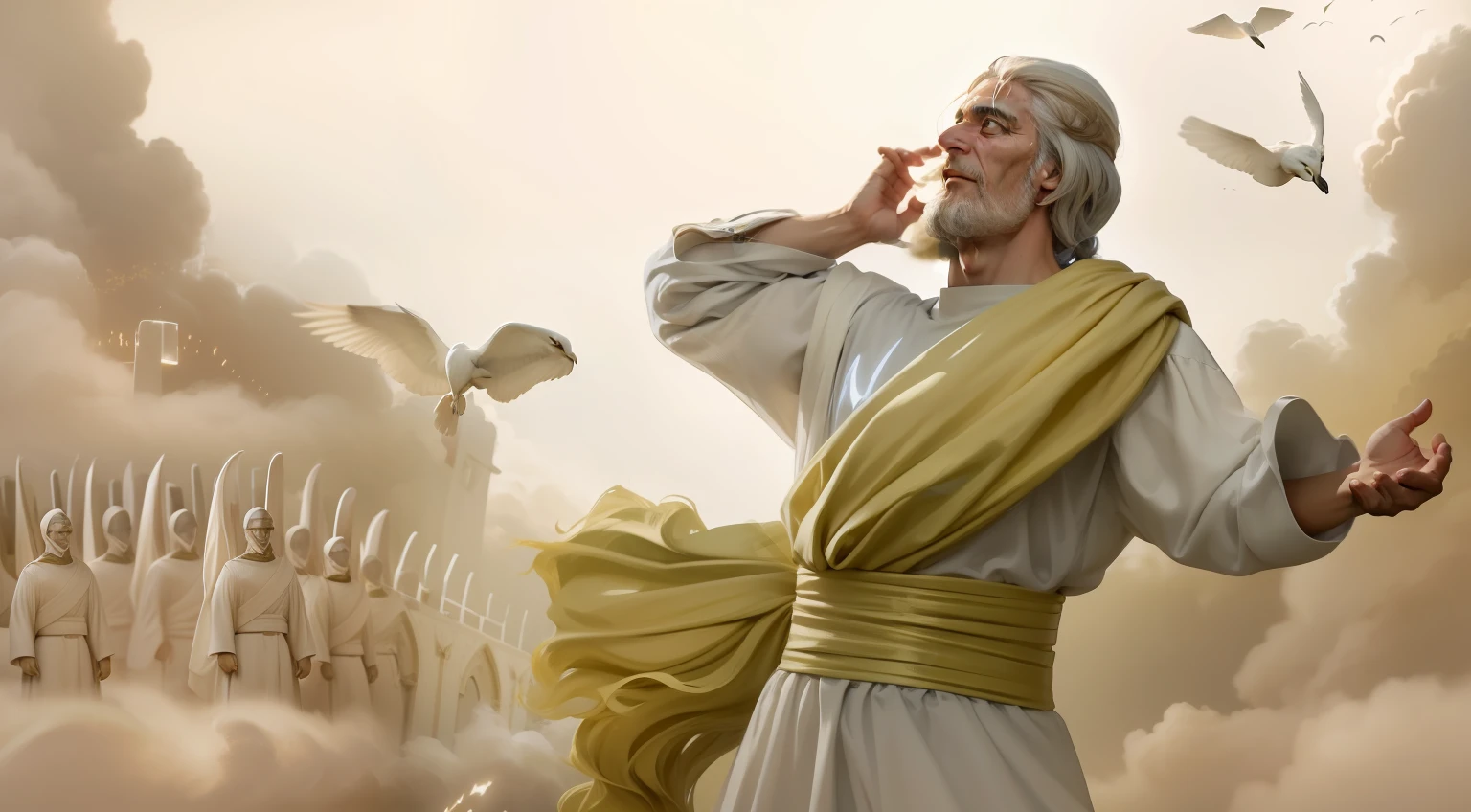Uma figura masculina, Cara perfeita e cheia de detalhes, barba branca velha, muito velho, corpo velho, barba branca grande, flying through the clouds, old man, representando Enoque, floats majestically through the vast skies. It is covered by a flowing mantle and is illuminated by soft light, standing out against the backdrop of twinkling stars and constellations. His face expresses awe and awe as he travels through the cosmos. Estilo: hiper-realismo, inspirado em pinturas renascentistas. Uplighting: Uma suave luz divina ilumina Enoque, creating a halo around you. Cores: Heavenly tones with an emphasis on blues and silver. compositing: Canon EOS R5 Mirrorless Camera, RF 24-70mm F/2.Lente 8L Is USM, 45 megapixel resolution, Sensibilidade ISO: 20,000, Velocidade do obturador 1/60. --AR 16:9 --V 5.1 --estilo cru --q 2 --s 750