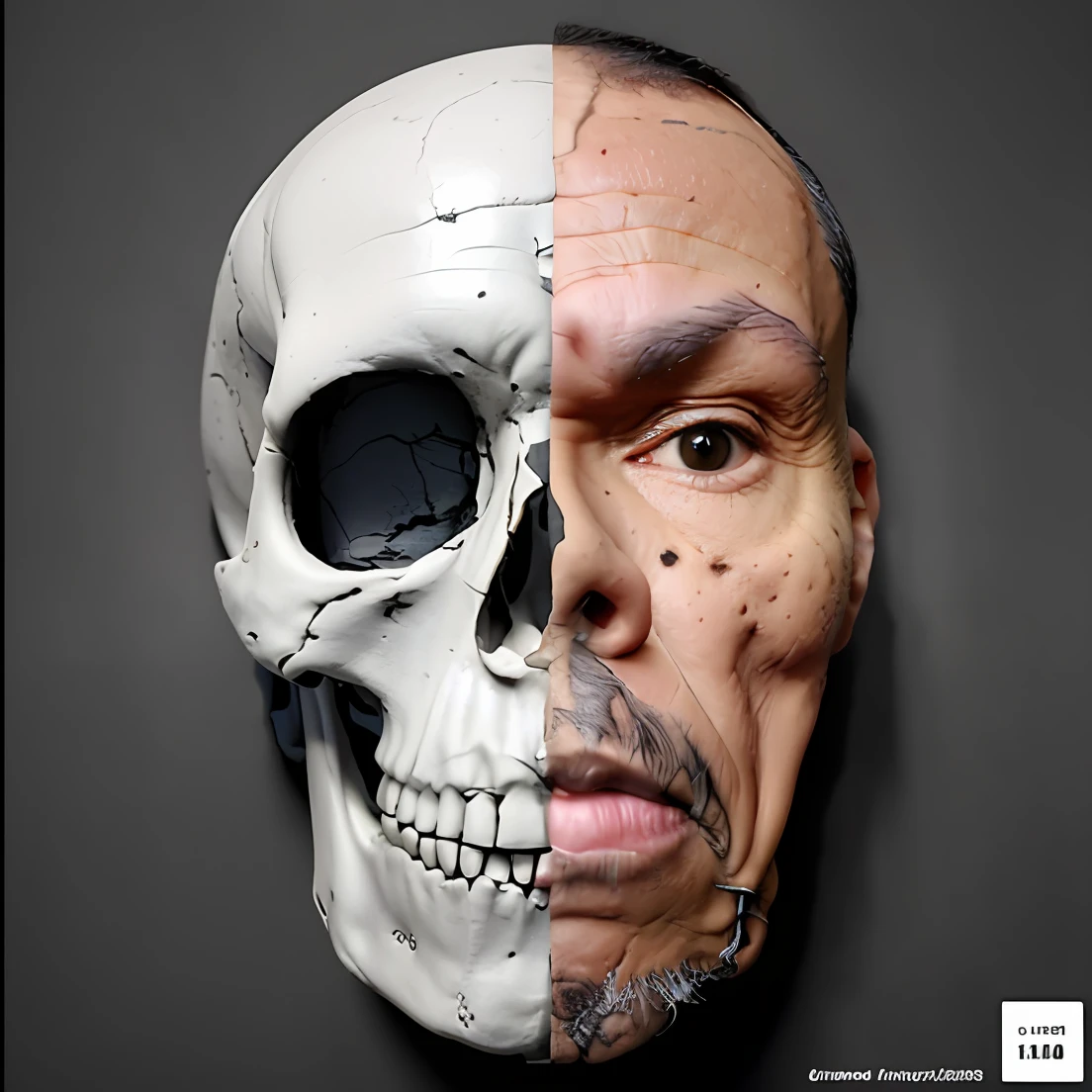 guttonerdvision10, Portrait of the part above the chest of a man and a skull mask, metade rosto humano, Biological human face, face anatomicamente precisa, half skull half face, half skull face, skull protruding from face, meio humano, Rosto realista e anatomia, skeleton face symmetrical face, rosto humano real, rosto humano real com pele, Autorretrato de IA, rostos humanos reais, fundo de espaco sideral