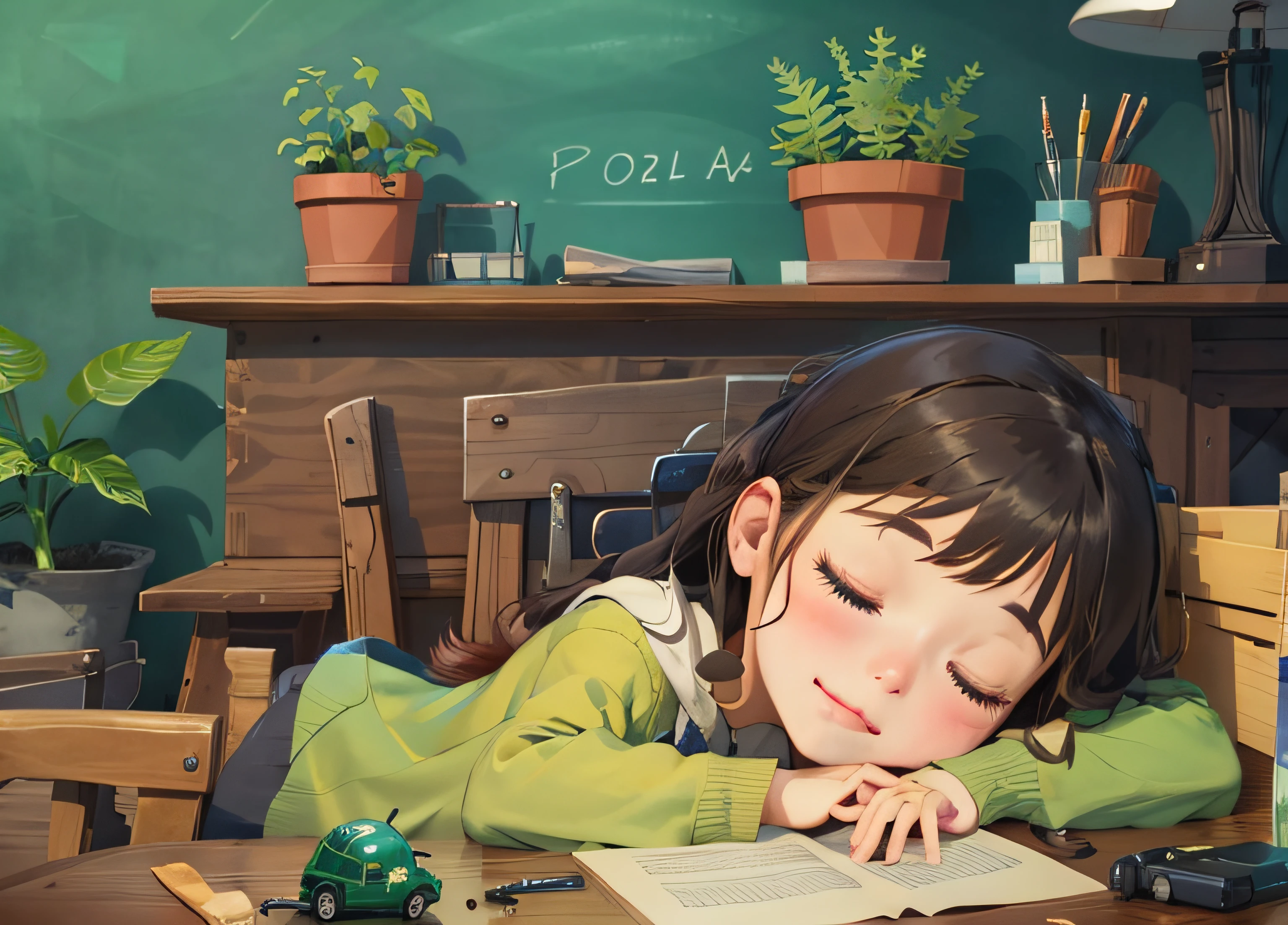 Masterpiece, Best Quality, Song of the Sea,
(Plant warehouse:1.3), vegetation, indoor, yuri, fireplace, Girl sleeping face down at desk, Sleeping Girl.
Cartoon, texture, 2d illustration,