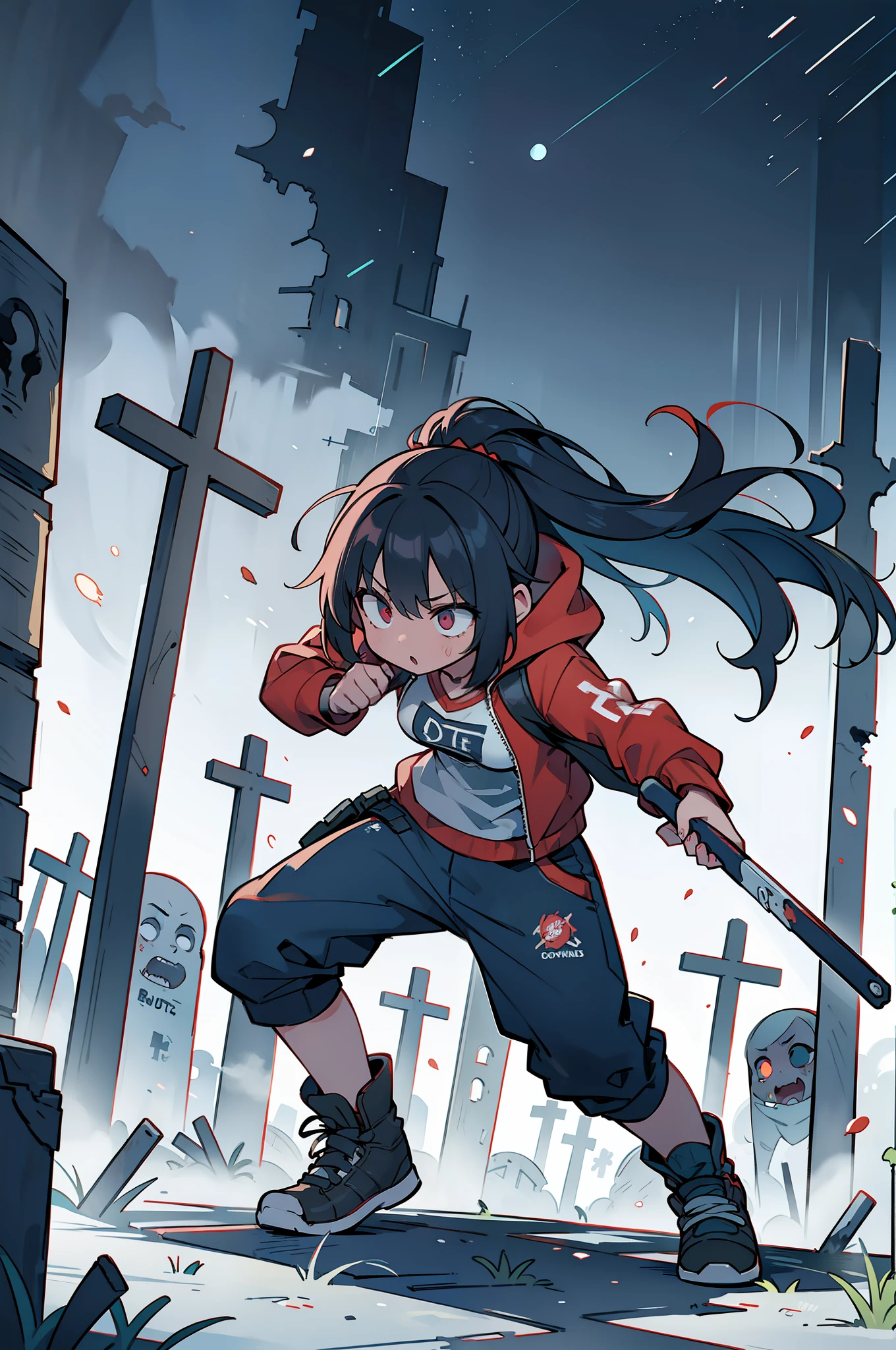 A (sporty girl:1.2) battles to (survive:1.3) the (zombie apocalypse:1.2) in a (desolate graveyard:1.2), the (night:1.2) shrouded in darkness.