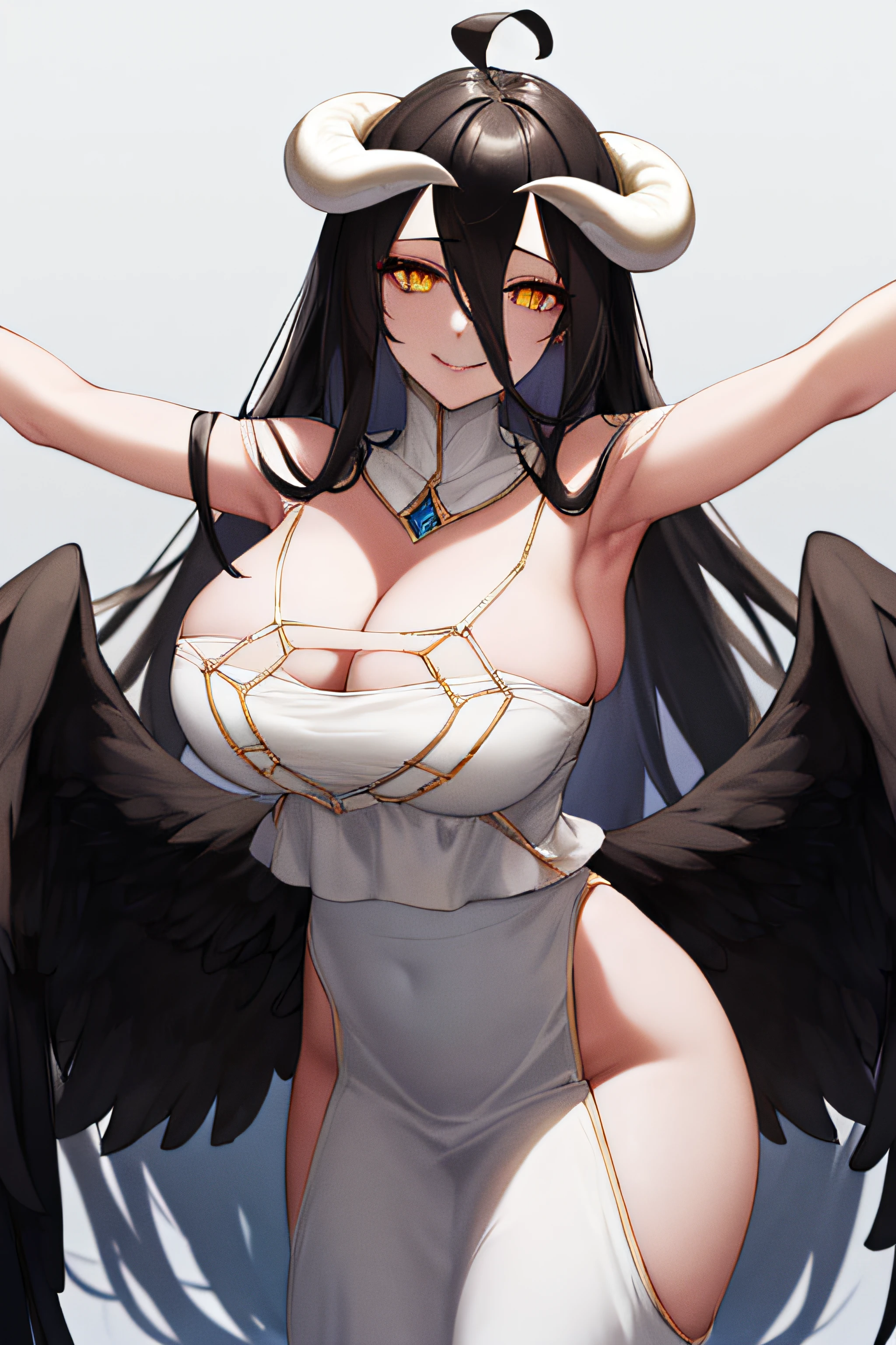 masterpiece, best quality, highres, al1, demon horns, slit pupils, white gloves, white dress, bare shoulders, detached collar, cleavage, black wings, feathered wings, low wings, cowboy shot, standing, dungeon, evil smile, reaching out, spread arms, outstretched arms,