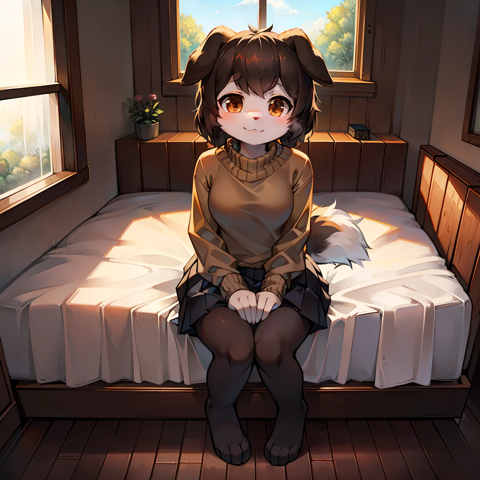 (Female Border Collie:1 ), wool sweater, fluffly, fluffy tail, skirt, smiling, cute face, mostly dark colored face and body, light brown eyes, small body, sitting in bed, nature can be seen thru the window.