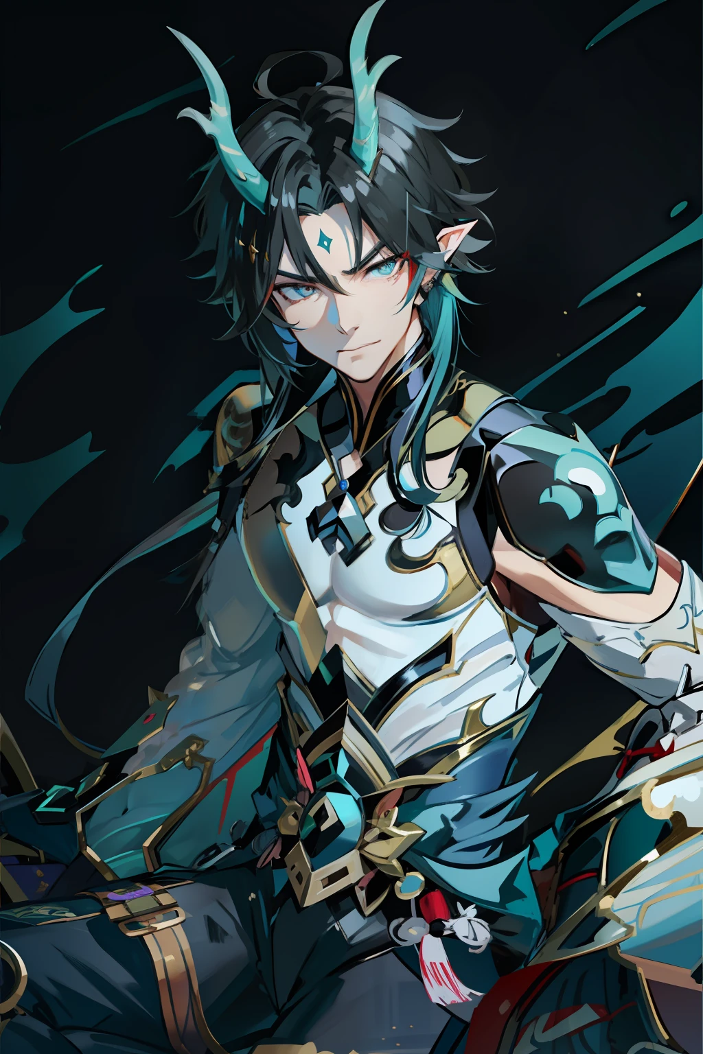 (absurderes,A high resolution,Hyper-detailing,hdr),Dragon's horn,tmasterpiece,best qualtiy,1人,独奏,Handsome,Golden eyes,Fine eyes and detailed face,toppless,Tattooed with,arma,seated on a throne,pervert smirk,Abs,chest muscle,Raised sexy,Ruffian,Show your temperament,Male,masculine appeal,Male characteristics are distinct,