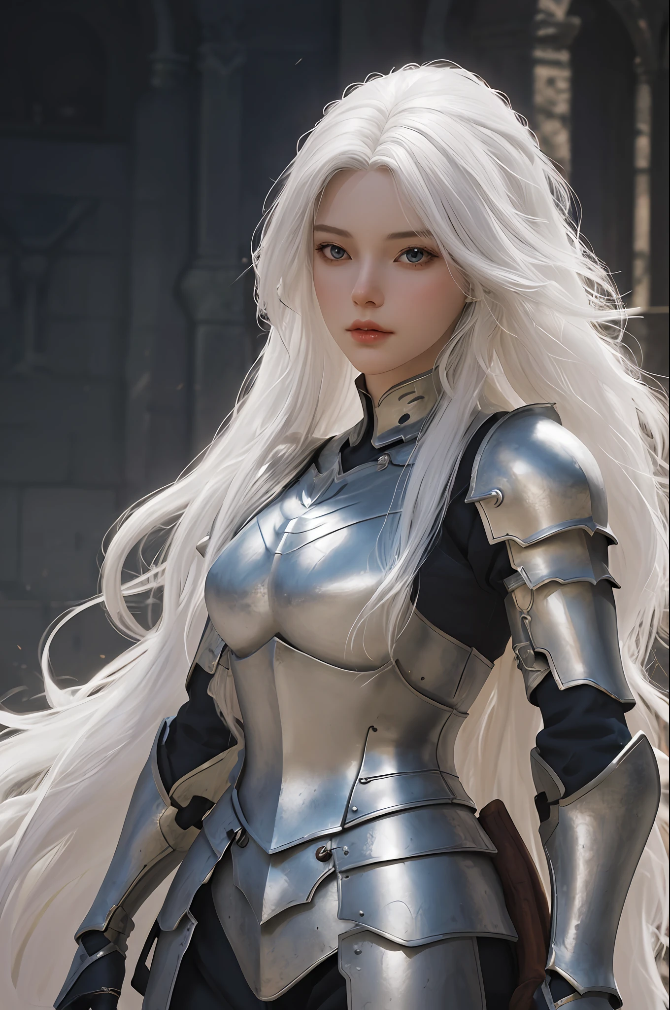 a close up of a woman with long white hair wearing armor, digital art inspired by Li Chevalier, Artstation, fantasy art, of a beautiful female knight, artgerm ; 3d unreal engine, beautiful female knight, 8k high quality detailed art, girl with white hair, detailed digital anime art, perfect white haired girl, stunning character art