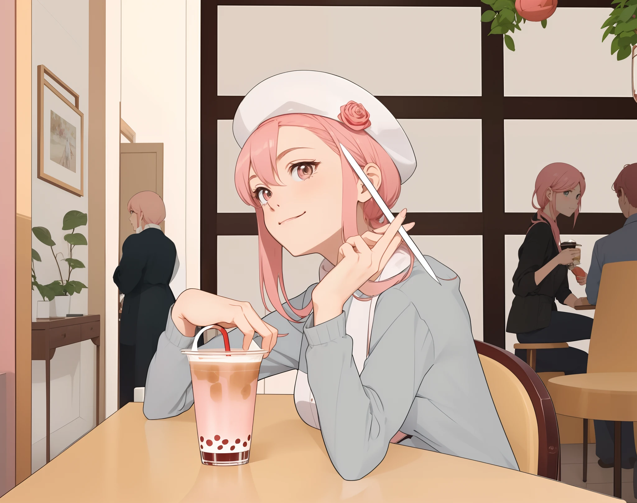 (Masterpiece), (High drawing quality), Anime pink-haired girl sitting at a table with bubble tea, (yeux rouge:1.4), (cheveux rose:1.4), (grand sourire:1.3), (elle regarde le spectateur:1.5), porte un gilet gris en coton, wears a pale pink Escape, elle tient une paille dans sa main, porte un chapeau, pins sur le chapeau, It's in a café, Decorations with plants, clients dans le fond, parvenant marron, Background servers, There are people in the café