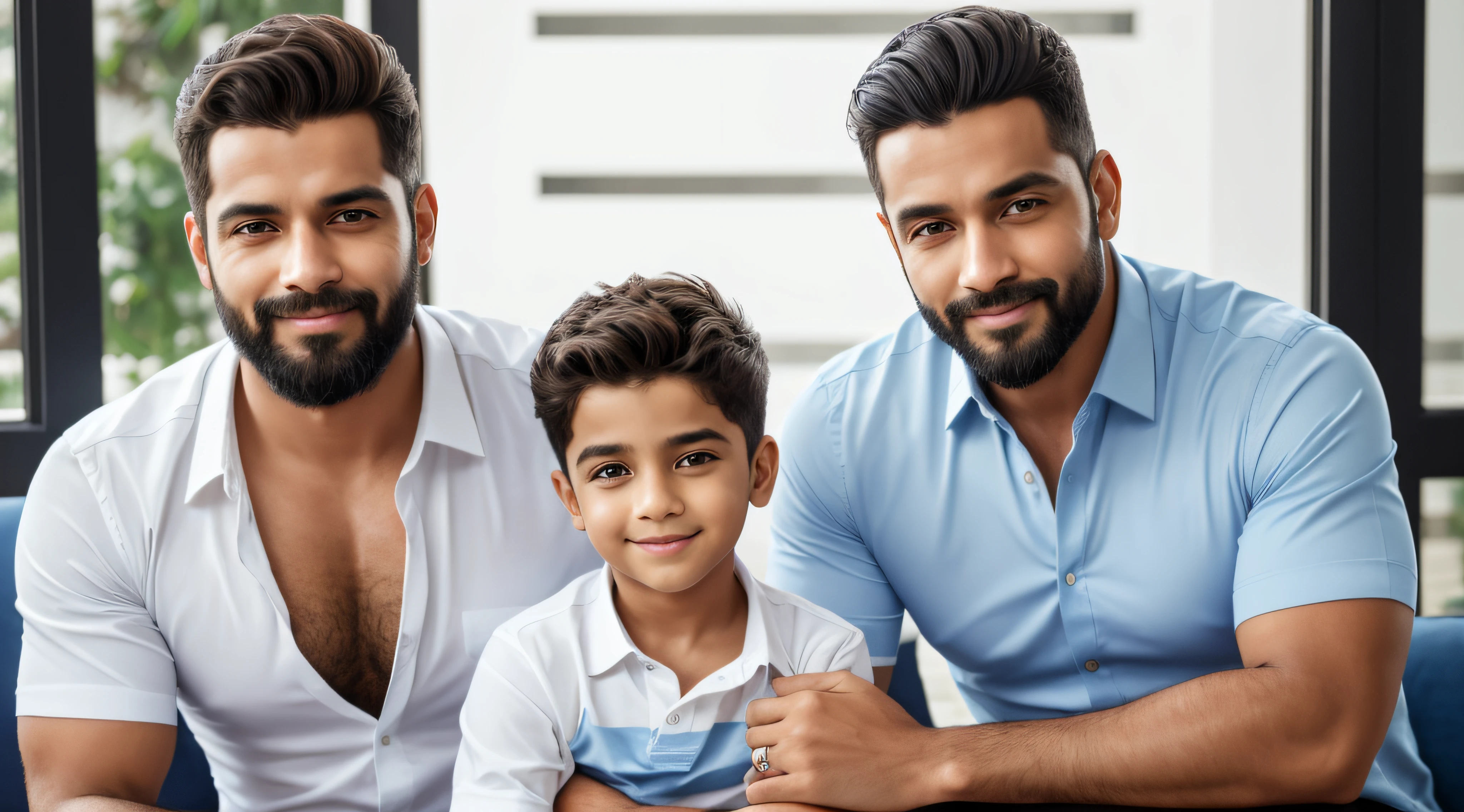 Father and son embraced, fundo animado e vibrante, qualidade 8k, pele hiper-realista, olhos castanhos expressivos e cabelos castanhos deslumbrantes, sorrisos cativantes, pai com barba elegante, camisa azul elegante, Son with flawless white shirt, detalhes impressionantes, extremamente realista, pessoas centralizadas, sfw --auto