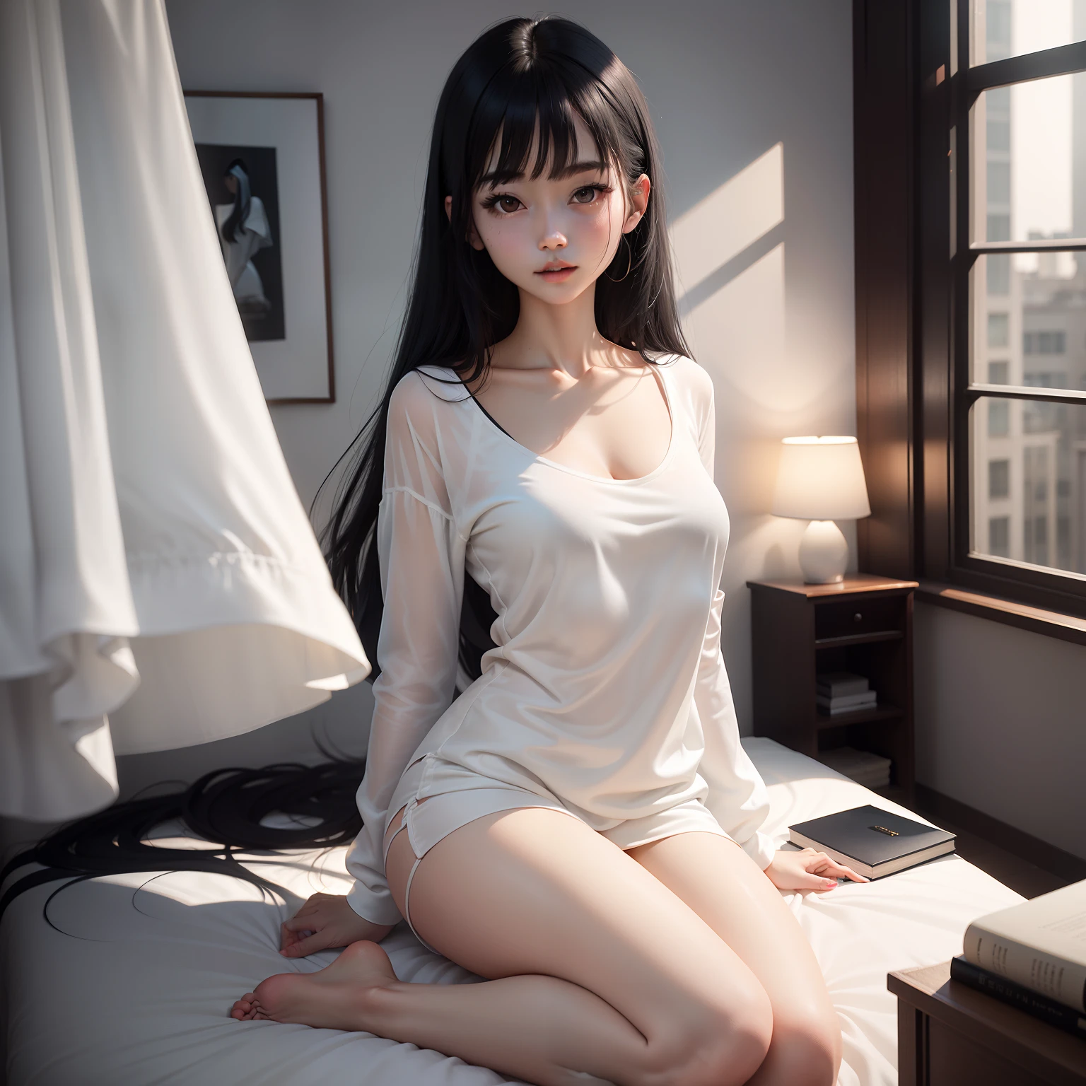 Wear sexy pajamas,Graceful figure,Let's mention it,study room,sofe,Random enchanting movements,facing at camera,It's imaginative,First love girl white skin, black hair, white T-shirt, long legs with black silk, white sneakers, Bose stockings