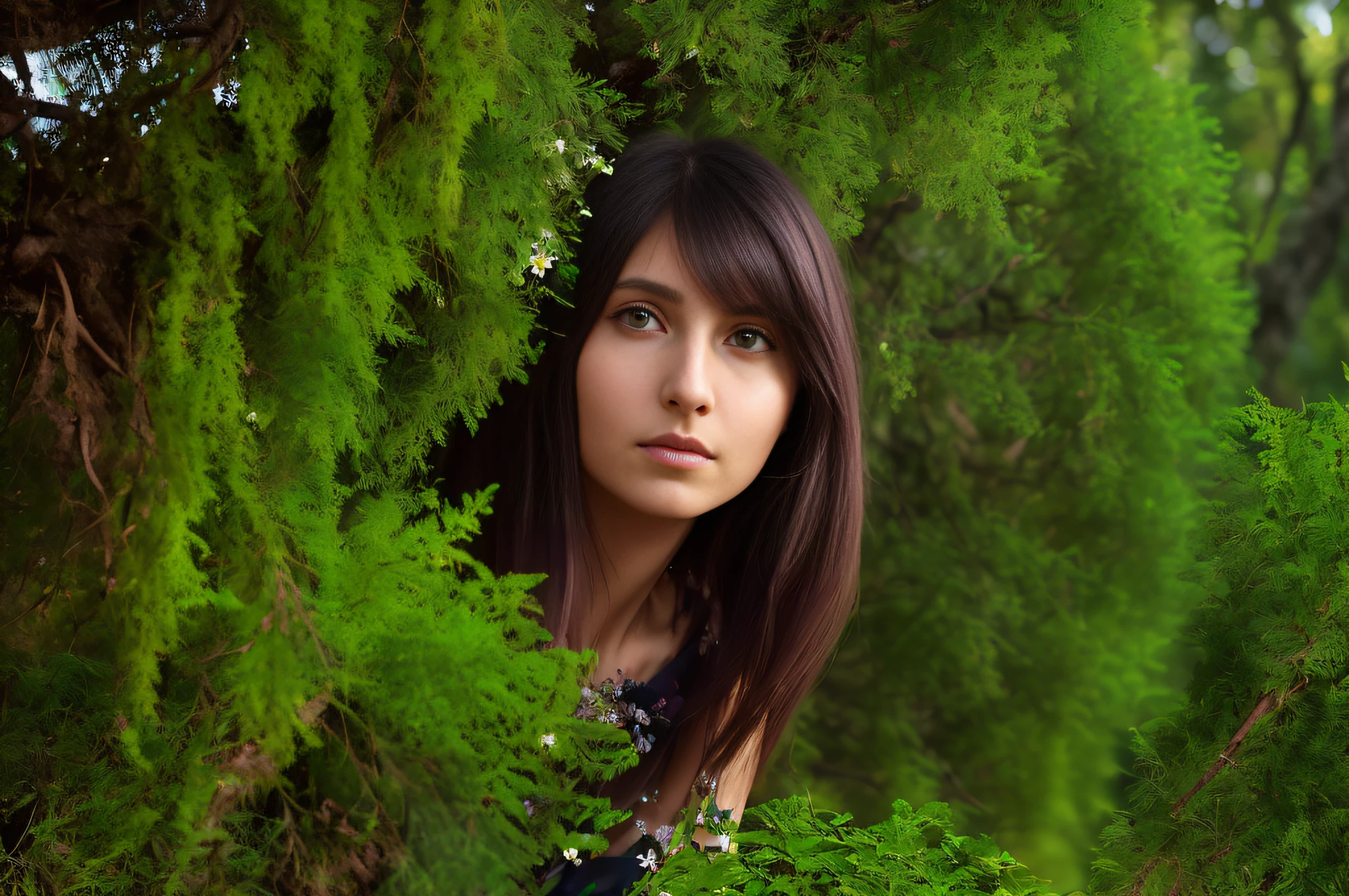 There is a woman standing in the bushes looking at the camera., Anna Nikonova, Anastasia Ovchinnikova, Alina Ivanchenko, Retrato ambiental, Alejandra Fomina, entre el follaje, Foto de retrato de primer plano, Moleksandra Shchaslyva, en bosque verde, in a tree, Julia Gorokhova, sofya emelenko, (8k, mejor calidad: 1.2), (obra maestra: 1.37), (Cinematographer, Cinematographerrrealista: 1.37), (ultra-high-resolution), disparo desde el frente, slow motion, (armadura plateada ligera: 1.2), (armadura profusamente decorada), (Stunningly Detailed, flowering: 1.5), (highest qualityr, Alessandro Casagrande, Greg Rutkowski, Sally Mann, arte conceptual, 4k), (equivalente: 1.2), (alta nitidez), (pupilas detalladas: 1.1), cara y ojos detallados,  ((Highly detailed photography: 1.1), (cuerpo perfecto: 1.1), realista, sombra real, Photographed by Canon EOS R6, 135mm, 1/1250s, f/2.8, ISO 400