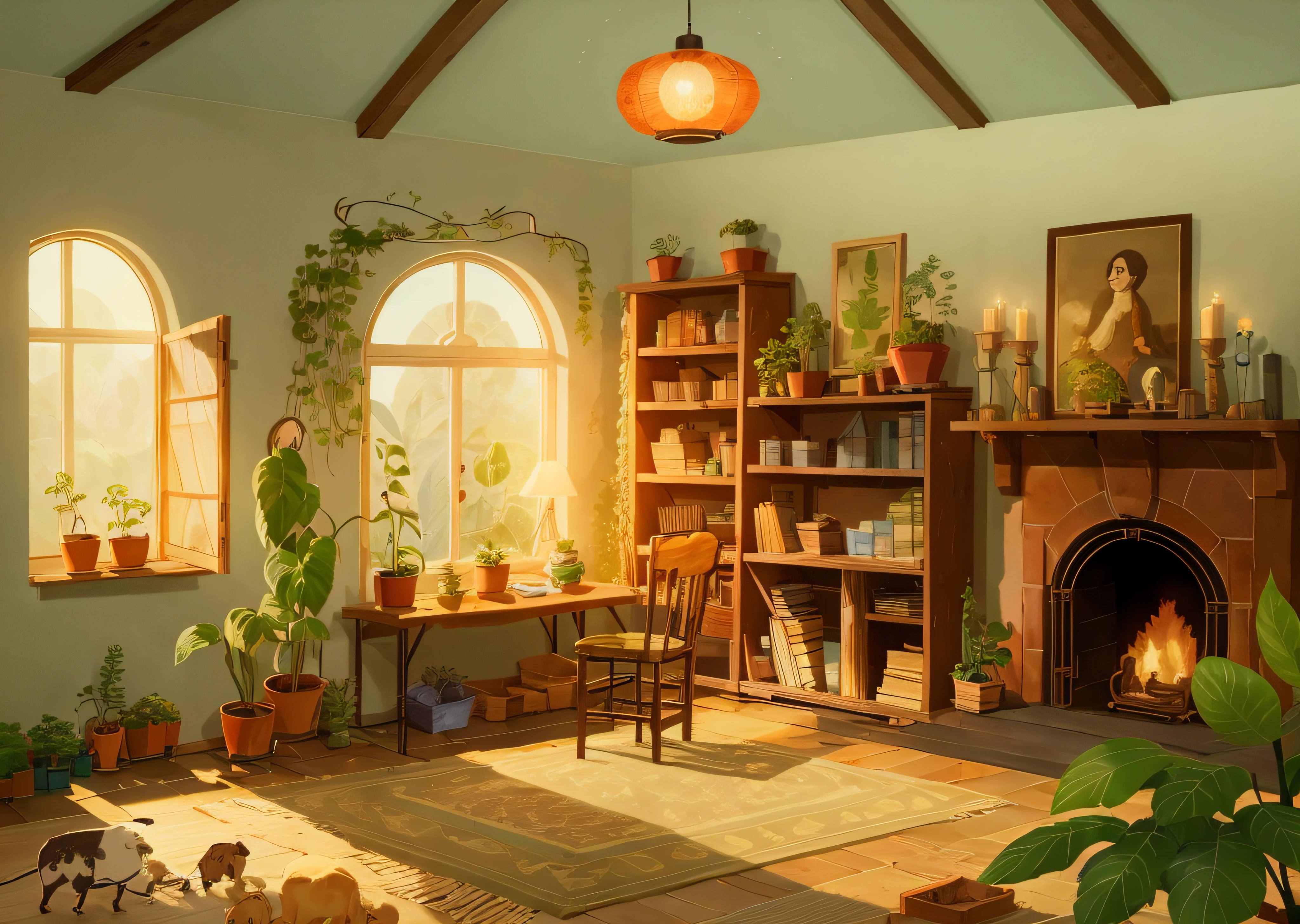 Masterpiece, Best Quality, Song of the Sea,
(Plant warehouse:1.3), vegetation, indoor, yuri, fireplace, coffee, A table, a chair, book case, room with window.
Cartoon, texture, 2d illustration,