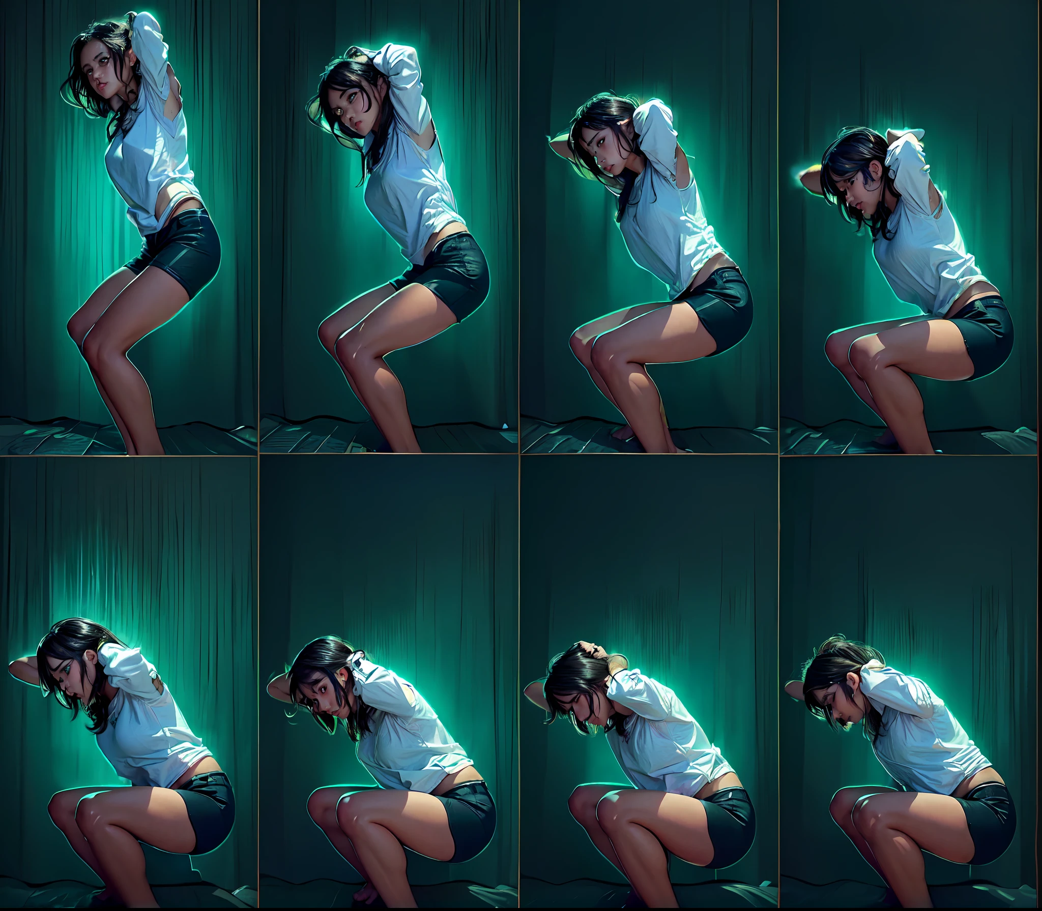multiple views, 1 anime-style girl, (((character design sheet, same character, same colors))), ((character concept art)), anime character design, highly detailed character design, maple story character art,((Best quality)), ((masterpiece)), ((highly intricate details)),beautiful, high quality, highres, absurdres, light difussion, intricate details, complex details, ((anime)), (anime:1.2) , (perfect face:1.3),colorful, highest detailed, vibrant colors, high contrast, (8K UHD:1.2), (photorealistic:1.2),(masterpiece:1.4), (best quality:1.4),extremely detailed wallpaper, highly detailed illustrations,(super-complex details) , 4K unified, (super-detailed CG: 1.2) , (8K: 1.2),(original), (masterpiece) , (best quality) , (reality: 1.3) , photorealistic, Octane rendering, (surreal: 1.2) ,((masterpiece:1.4, best quality:1.2)), full body, tank top, baggy shorts, dark skin, tomboy, muscular, fitness, 1girl with a shot bob cut hair, white hair, large breasts, wide hips, toned, wearing yellow tank top, baggy jeans, sunglasses, biker clothes, biker, (style), gloom (expression), ((night)), simple background, green background, medium hair, smug, closed mouth, looking at side, multiple poses, various poses, different poses, various pose, sprite sheet, same colors ,full body profile camera shot, front side views full, side pose, posing and flexing, full body pictures, side view full sheet, multiple poses, full body posing, fully body posing, side views, anime girl, female, very thin waist