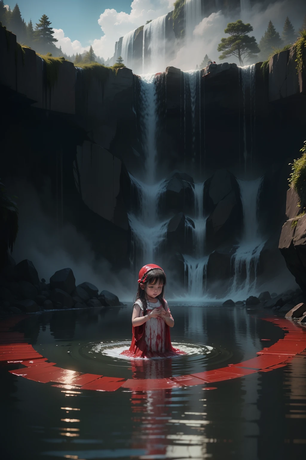 A waterfall of blood descends into a pool of water, a small baby girl in the middle of the water