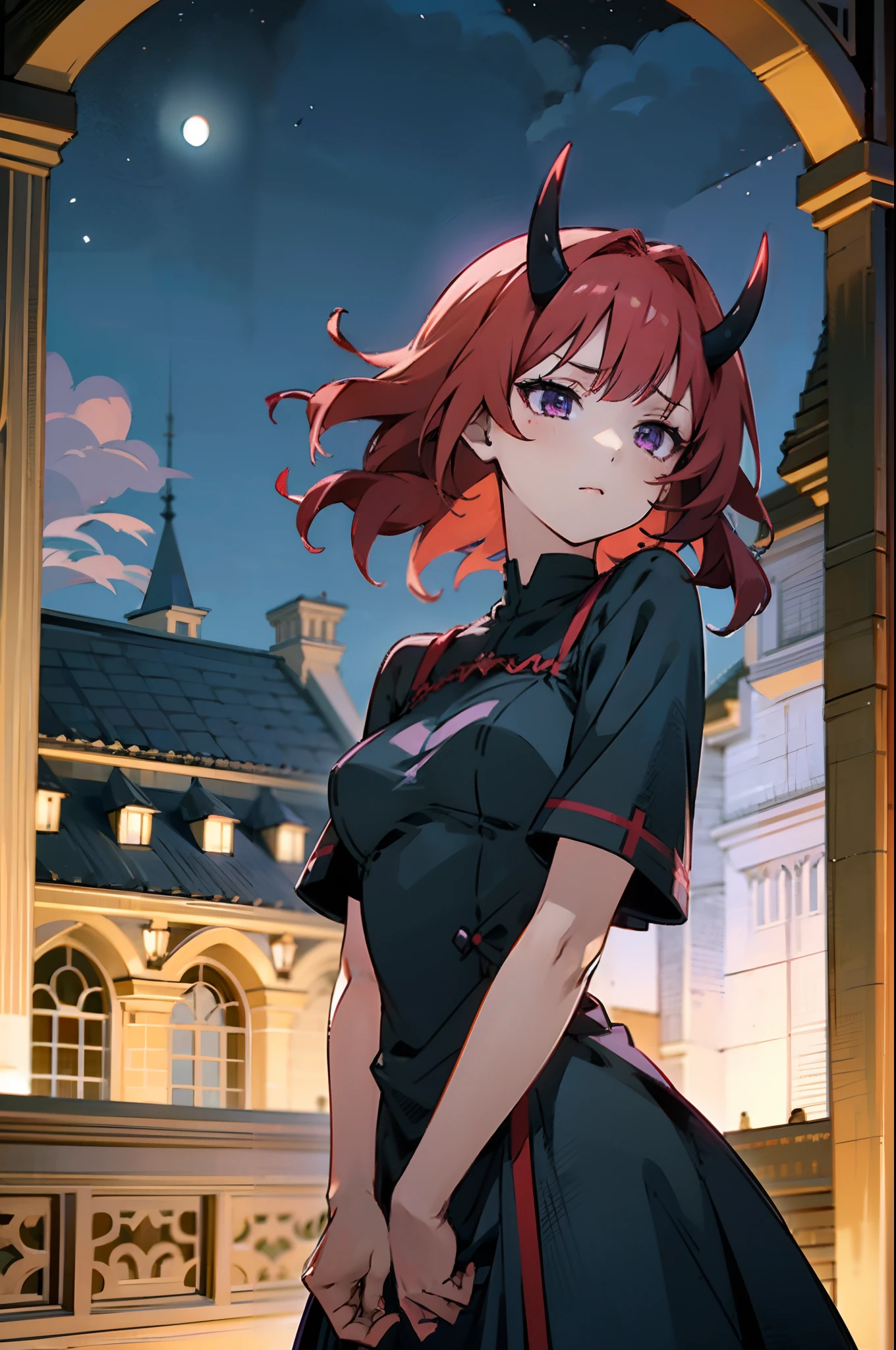 Anime girl with red short disheveled hair, black horns and purple eyes, wearing short medieval black beautifull dress, castle hall, night, black sky, medieval, old town, perfect face, cute face, ultrasharp, 8k, masterpiece, seductive girl, perfect eyes,