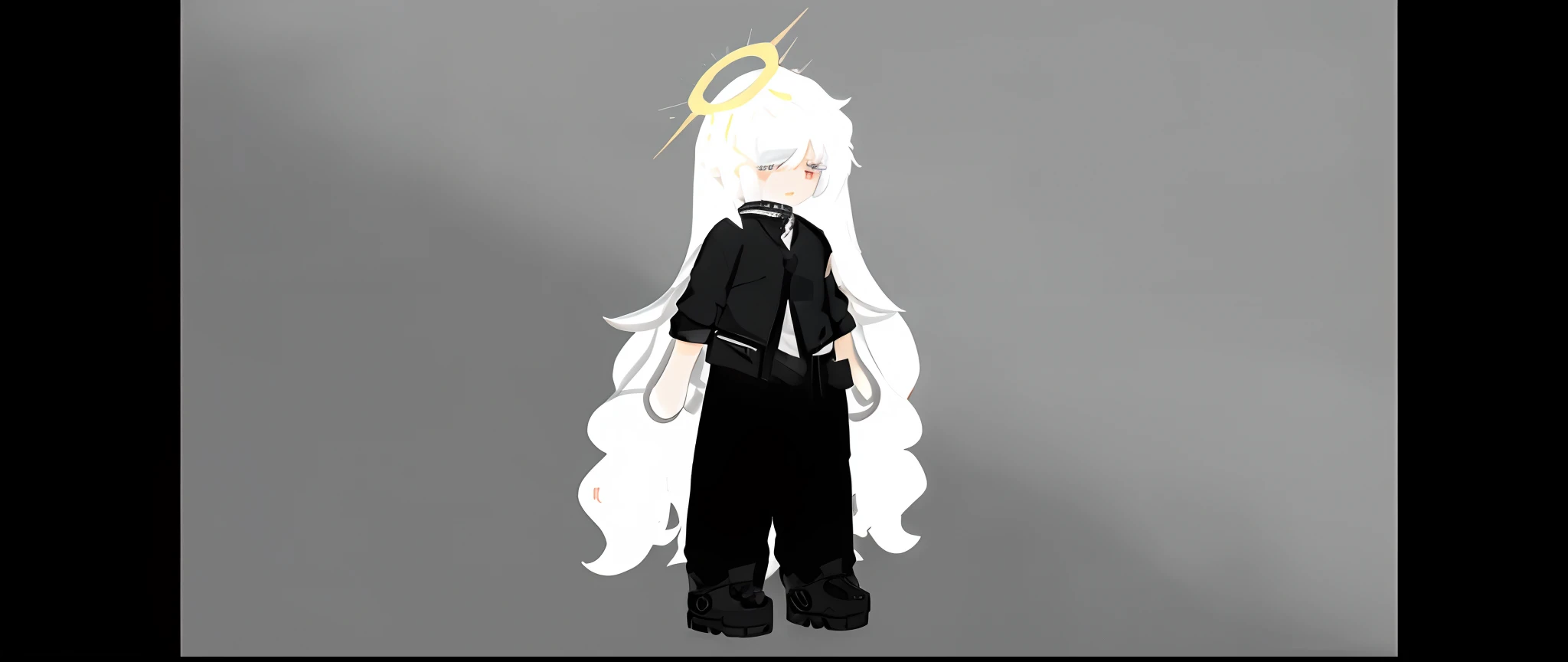 Anime character with white hair and black clothing standing in front of a gray background, single character full body, divindade de cabelos brancos, Cabelos compridos humanoide Fursona, full body adoptable, personagem estilo anime, full body single character, design de roupa clara, her hair is white, corpo inteiro!, anime vtuber modelo de corpo inteiro, !!retrato de corpo inteiro!!, oc renderizado