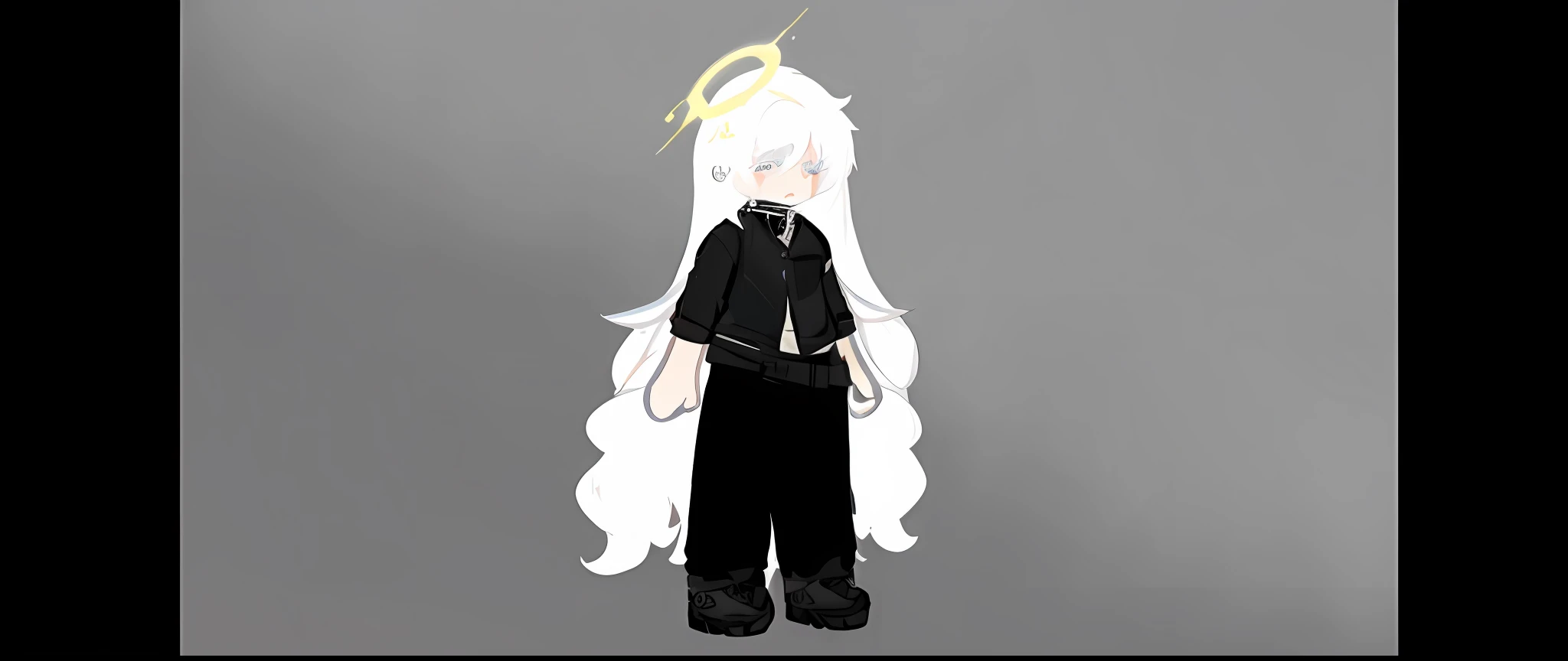 Anime character with white hair and black clothing standing in front of a gray background, single character full body, divindade de cabelos brancos, Cabelos compridos humanoide Fursona, full body adoptable, personagem estilo anime, full body single character, design de roupa clara, her hair is white, corpo inteiro!, anime vtuber modelo de corpo inteiro, !!retrato de corpo inteiro!!, oc renderizado