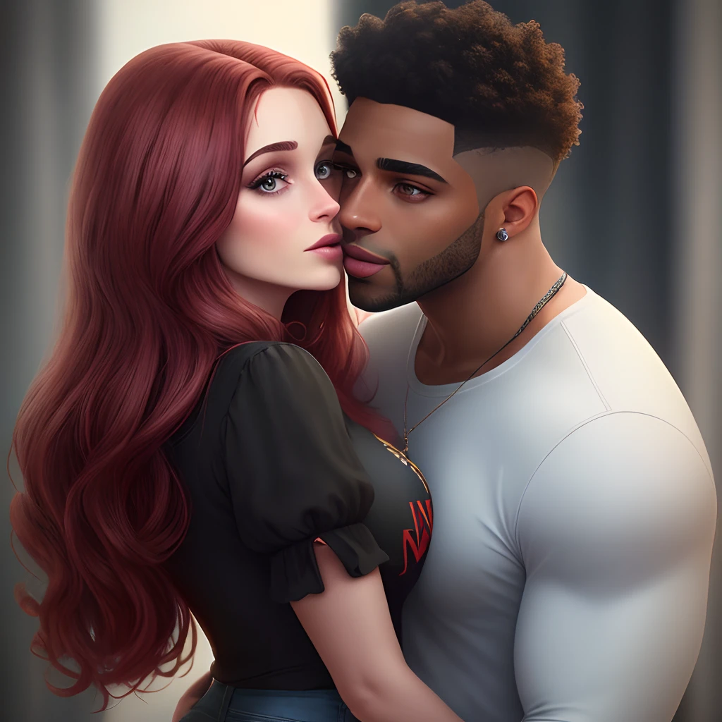 Mulher de cabelos vermelhos, olhos castanhos, pele parda, seios pequenos, she's looking into his eyes, usando um vestido preto de princesa, beijando um homem magro , negro, alto, cabelos crespos, olhos castanho escuro,shirt and black jeans, 8k realistic version