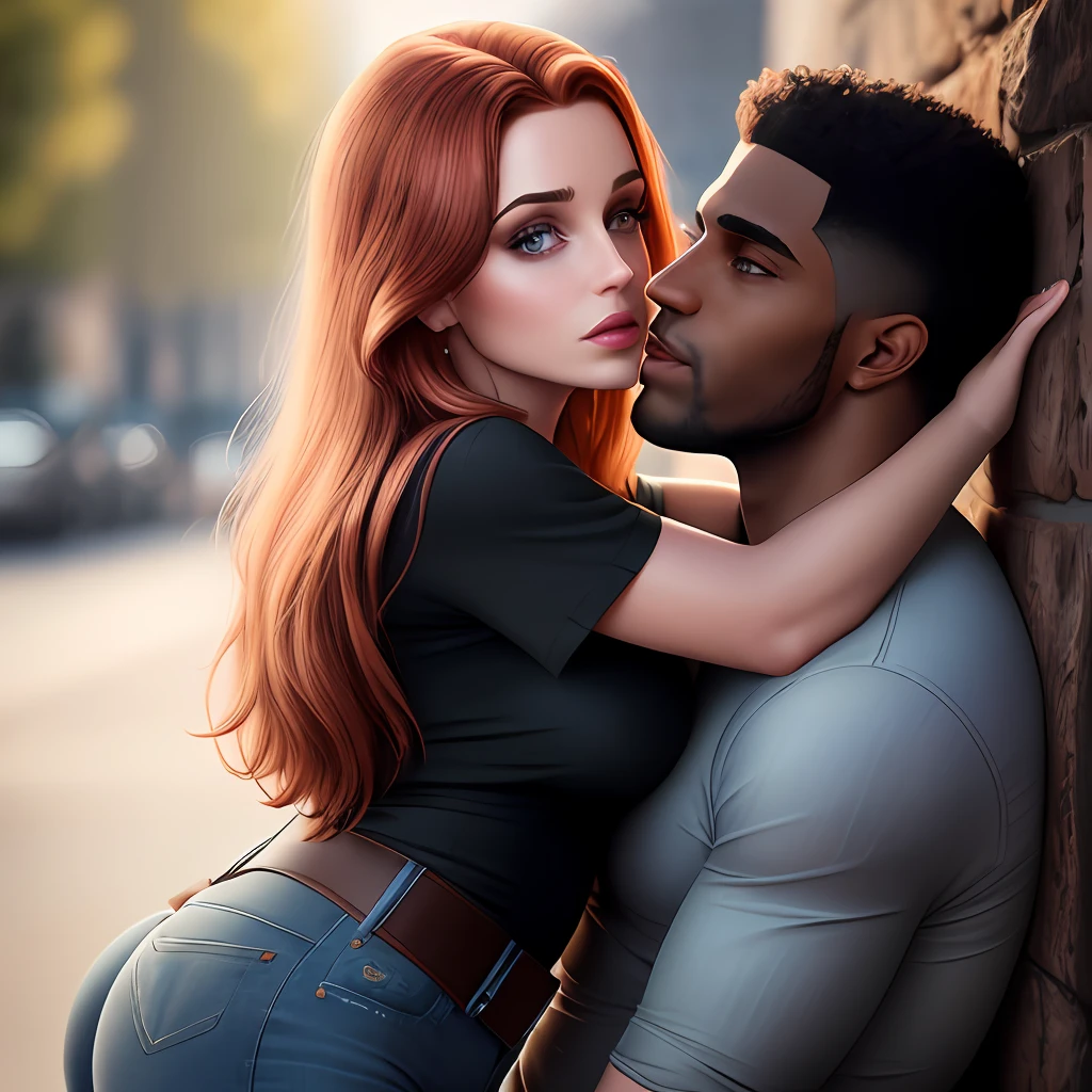 Mulher de cabelos vermelhos, olhos castanhos, pele parda, seios pequenos, she's looking into his eyes, usando um vestido preto de princesa, beijando um homem magro , negro, alto, cabelos crespos, olhos castanho escuro,shirt and black jeans, 8k realistic version