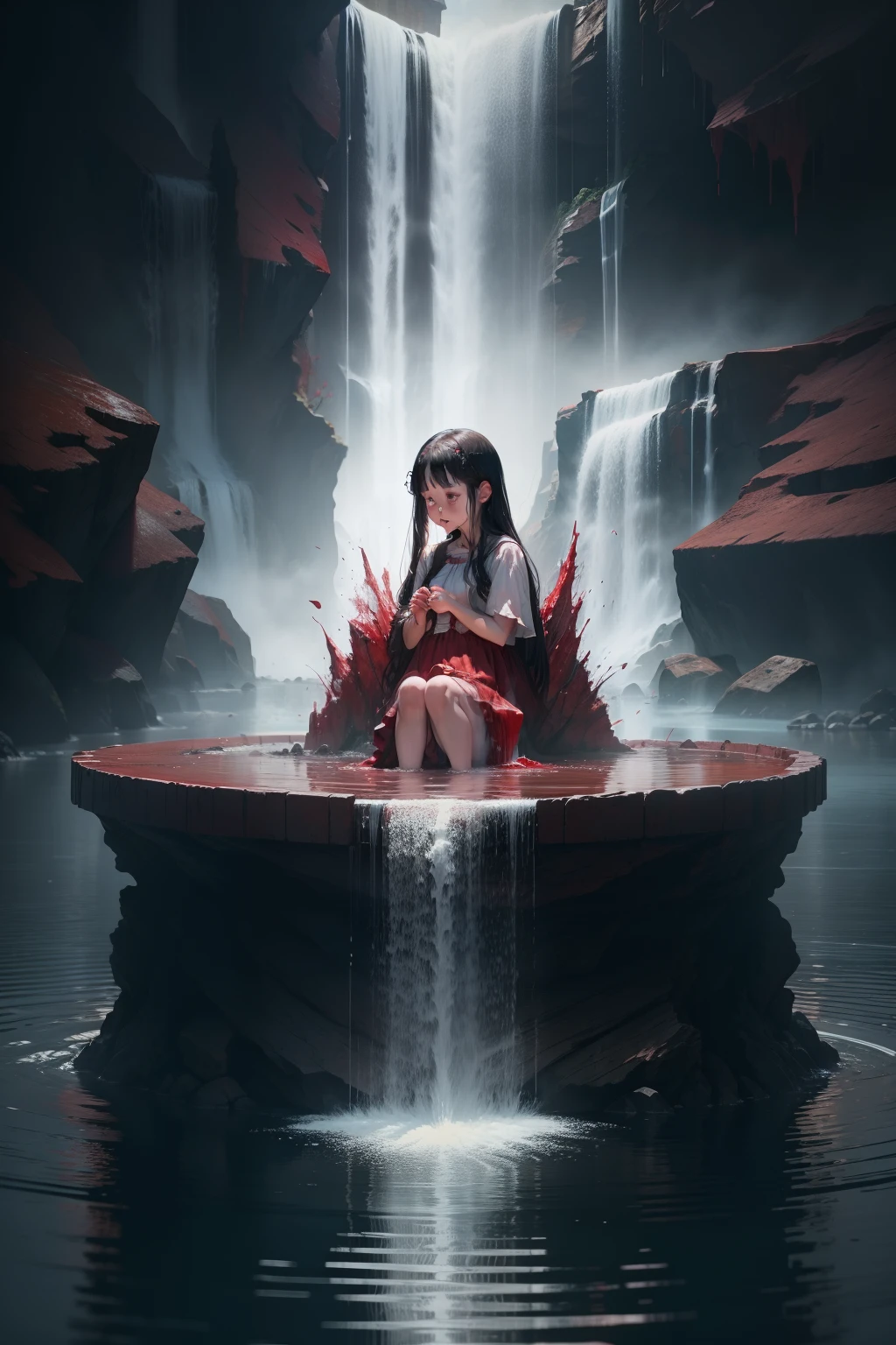 A waterfall of blood descends into a pool of water, a small baby girl in the middle of the water