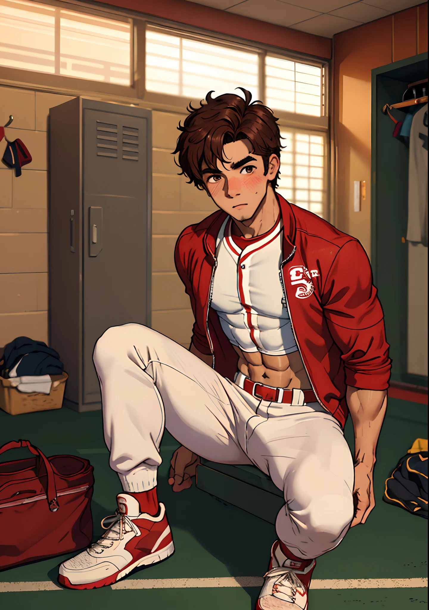 (masterpiece, best quality ), 1man, muscular, short hair, brown eyes, intricate, (locker room) , full body, white baseball uniform, open red jacket, vivid colors,(depth of field:1.2),(abs),blush, looking at viewer, on floor, spread legs,