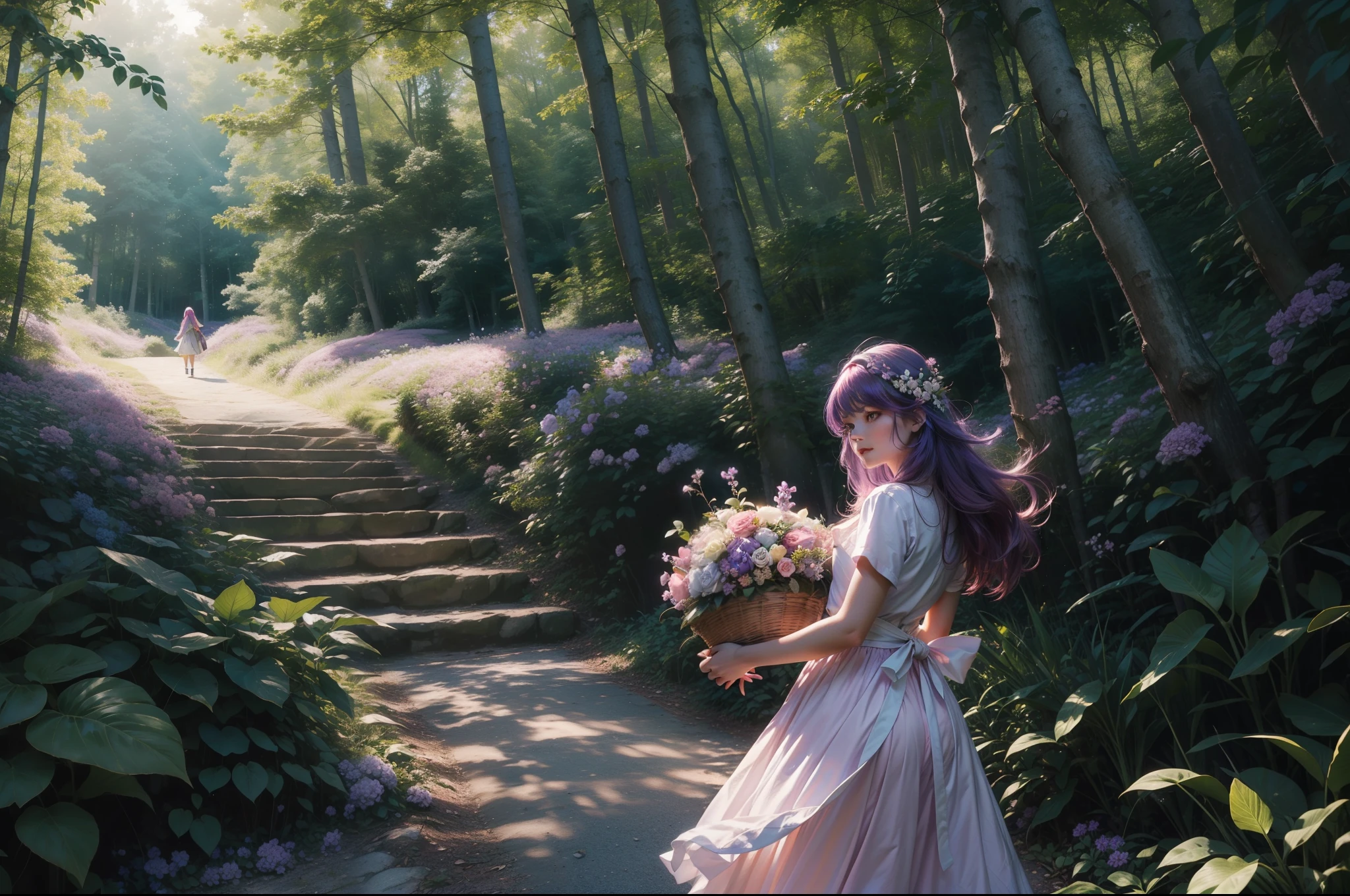 Close up of a girl ascending an slight slope through a forest. She holds a basket of flowers. Deep purple hair on the wind. Pink, white and blue conservative dressed. Rays of light filtering through the trees. Green trees intertwin their branches over the path. Bushes and some flowery plants under the trees. Colourful image. Highly detailed. Ray traicing.
