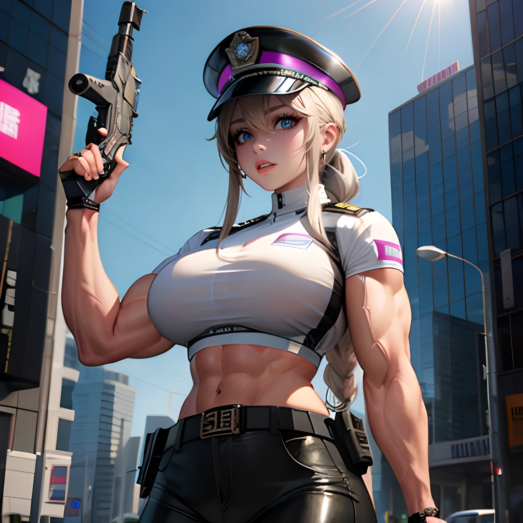 Female police，Muscle Barbie，See-through installation，tmasterpiece，8K，Full of details，With a gun，Shooting