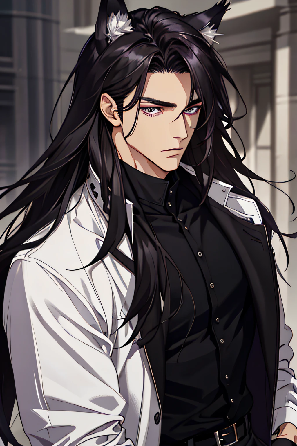 A superb exquisite guy, purple eyes, ((black long hair)), natural straight hair, ((wolf ears)), (solo), ((muscular)), ((chad)), ((jacket)), (handsome pose), extremely delicate, straight facial features, , dreamy quality, light white and dark brown, exaggerated facial features, solid color, seductive face, real light and shadow, super fine, 4k, natural moving, Ultra high resolution, (masterpiece:1.2, best quality), (finely detailed beautiful eyes: 1.2), (beautiful detailed face)