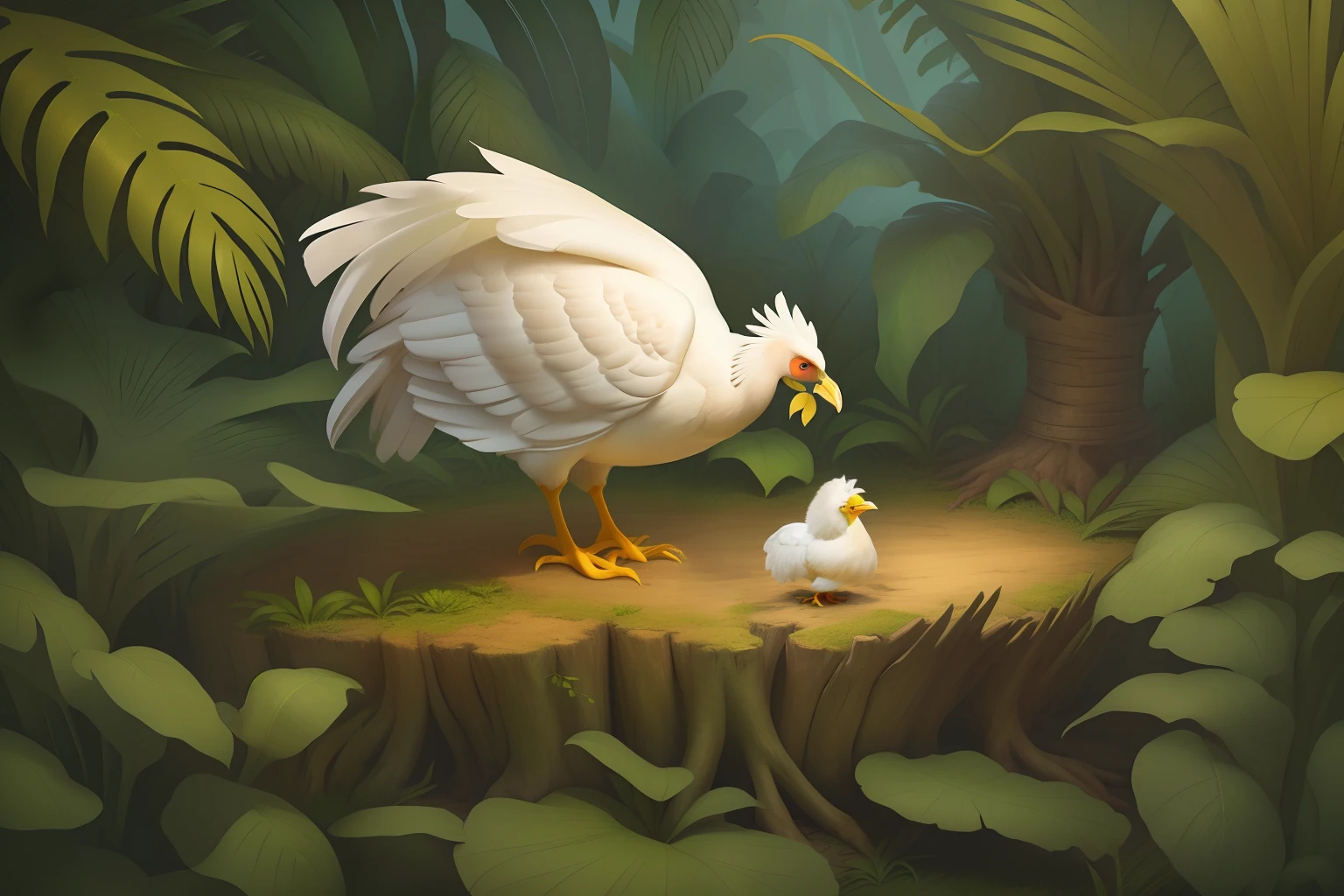 A white chicken stands on a tree stump in the jungle, Children's book illustration, children's book illustrations, storybook illustrations, children's book illustrations, Game illustration