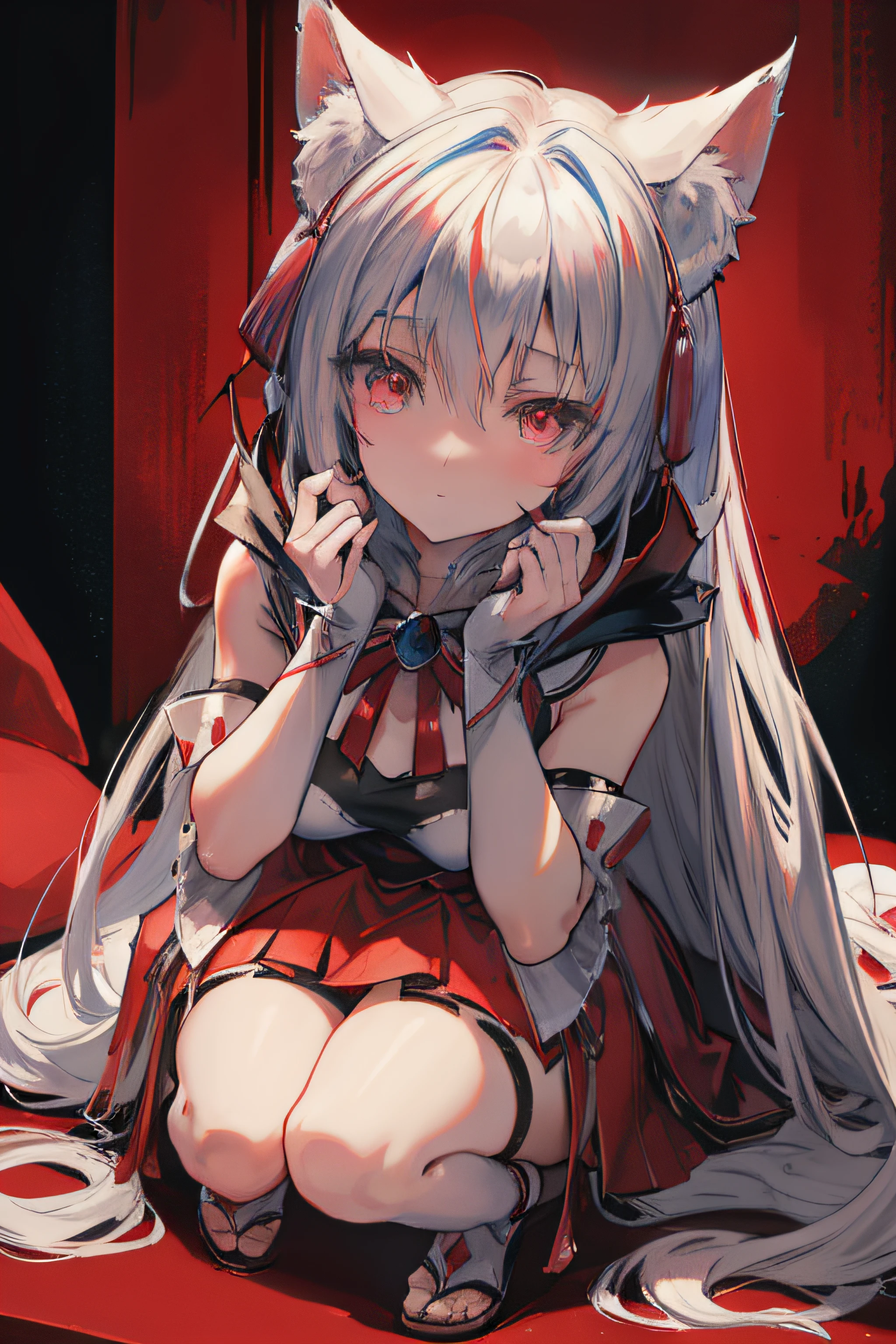 Anime girl with white hair and blue eyes in a red cloak!!, Anime girl with wolf ears!!, Anime style. in 8K, Holo is a wolf girl, anime catgirl, anime moe art style, beautiful anime catgirl, made with anime painter studio, White-haired wolf, Very Beautiful Anime Cat Girl, anime stylized, Full body portrait!!, Red Cape!!, robe blanche!!, a red skirt!!, Little Red Riding Hood!!