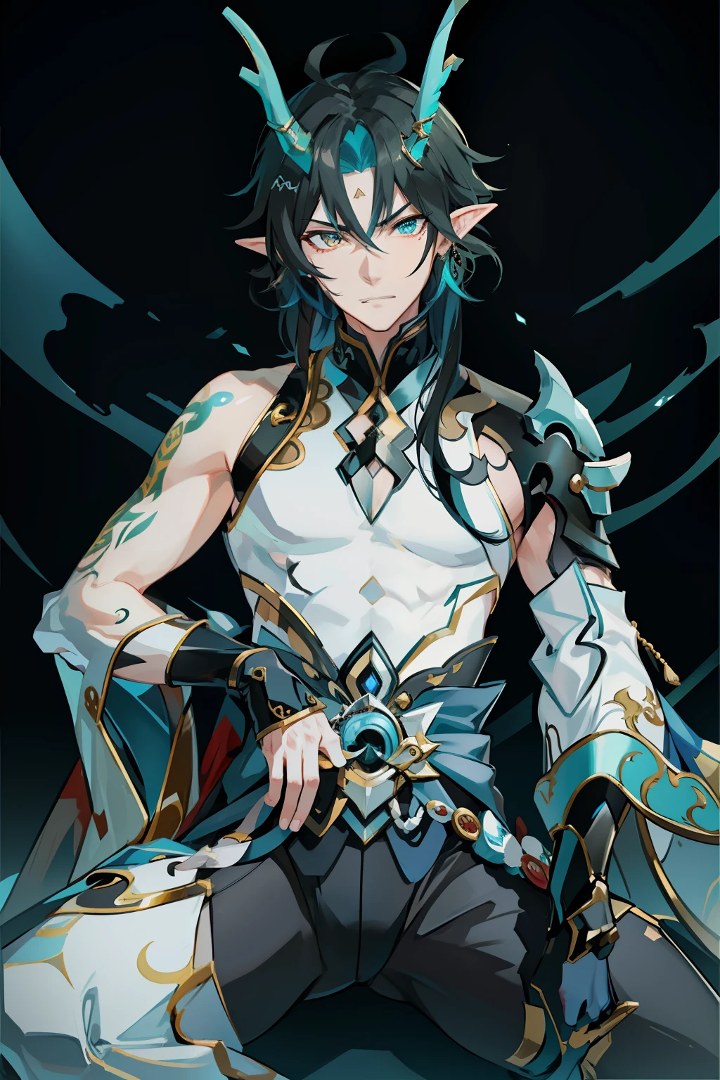 (absurderes,A high resolution,Hyper-detailing,hdr),Dragon's horn,tmasterpiece,best qualtiy,1人,独奏,Handsome,Golden eyes,Fine eyes and detailed face,toppless,Tattooed with,arma,seated on a throne,pervert smirk,Abs,chest muscle,Raised sexy,Ruffian,Show your temperament,Male,masculine appeal,Male characteristics are distinct,white pantie