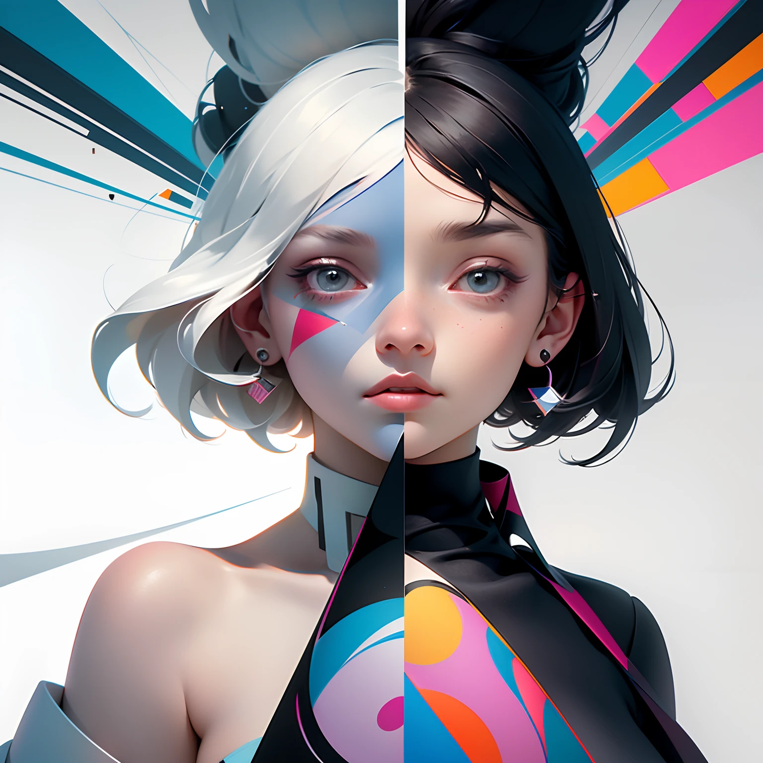 masterpiece, best quality, illustration, two girls in parallel universe, two girls separate in two different  worlds, Bauhaus, shapes, lines, colours, abstract