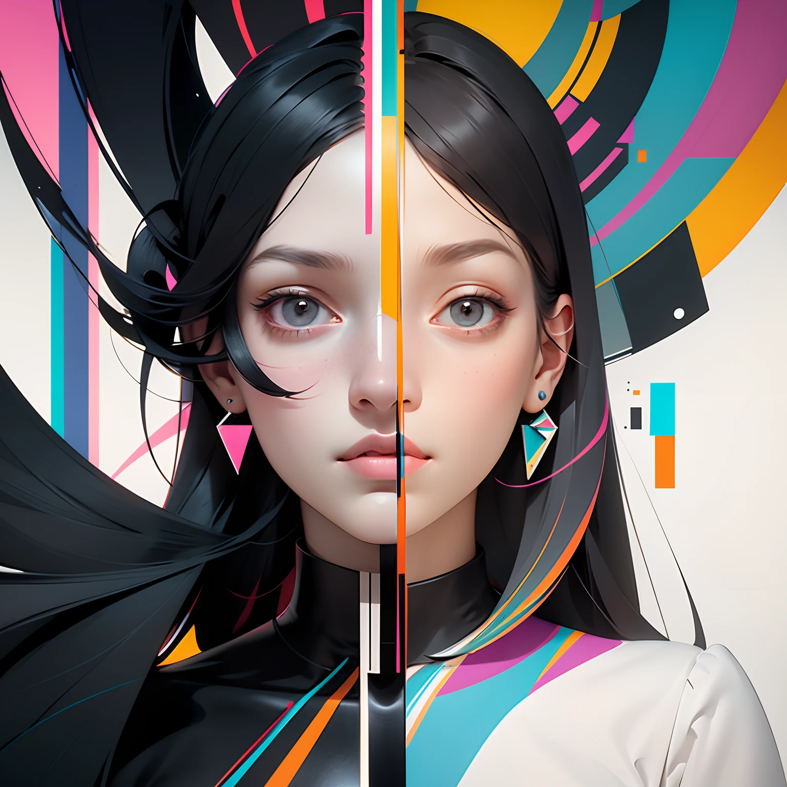masterpiece, best quality, illustration, two girls in parallel universe, two girls separate in two different worlds, Bauhaus, shapes, lines, colours, abstract