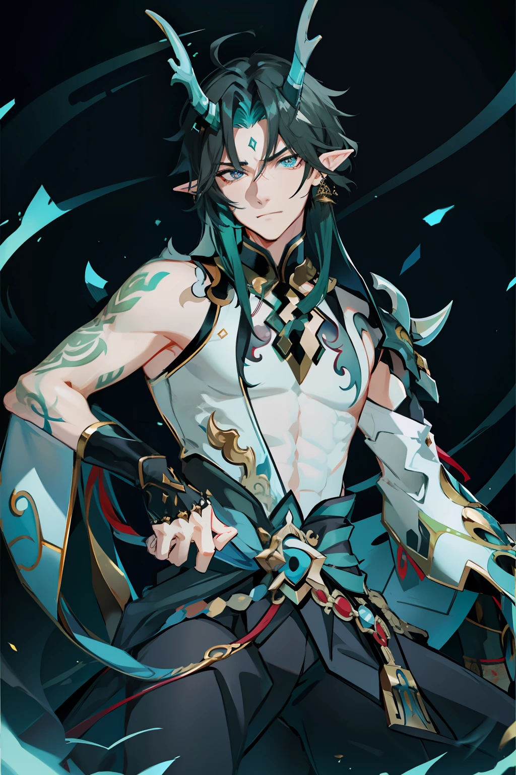 (absurderes,A high resolution,Hyper-detailing,hdr),Dragon's horn,tmasterpiece,best qualtiy,1人,独奏,Handsome,Golden eyes,Fine eyes and detailed face,toppless,Tattooed with,arma,seated on a throne,pervert smirk,Abs,chest muscle,Raised sexy,Ruffian,Show your temperament,Male,masculine appeal,Male characteristics are distinct,