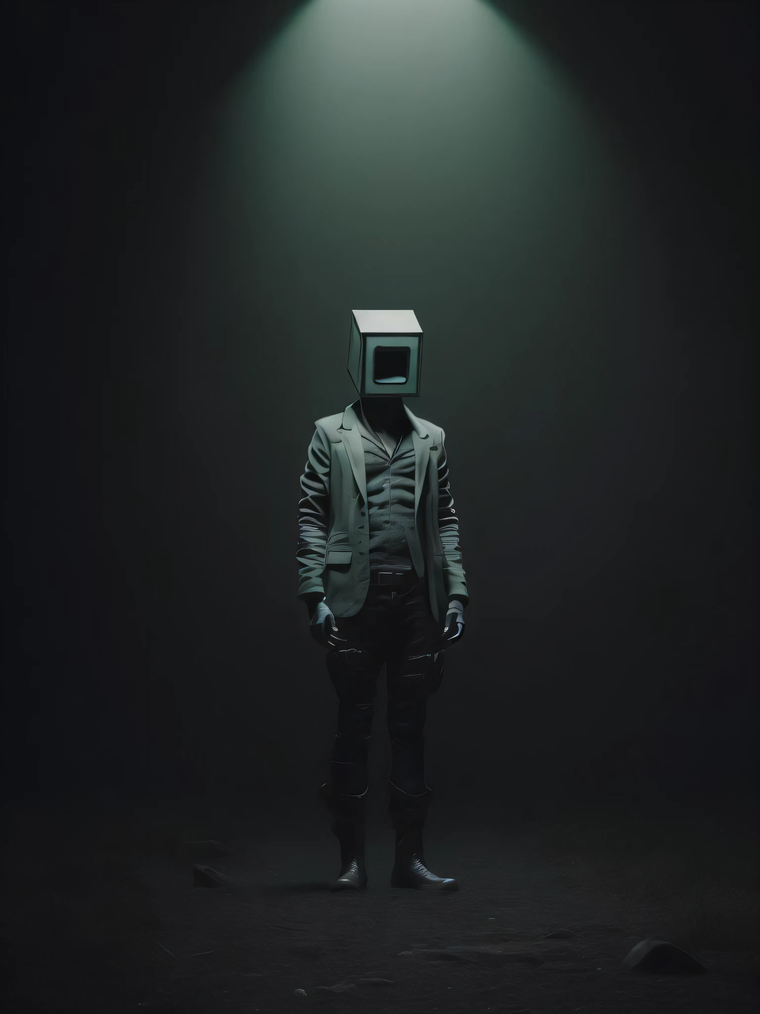 a man with a box on his head standing in the dark