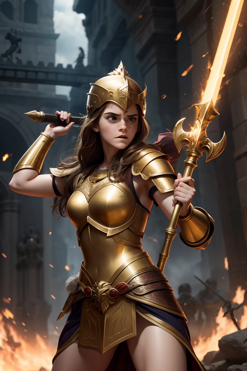 Emma Watson as a fierce and powerful Athena, holding a gleaming golden spear, clad in a radiant armor, engaged in an epic and intense battle against formidable enemies.