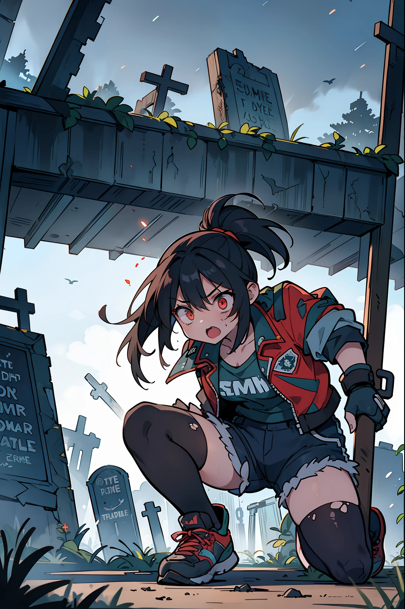 A (sporty girl:1.2) battles to (survive:1.3) the (zombie apocalypse:1.2) in a (desolate graveyard:1.2), the (night:1.2) shrouded in darkness.